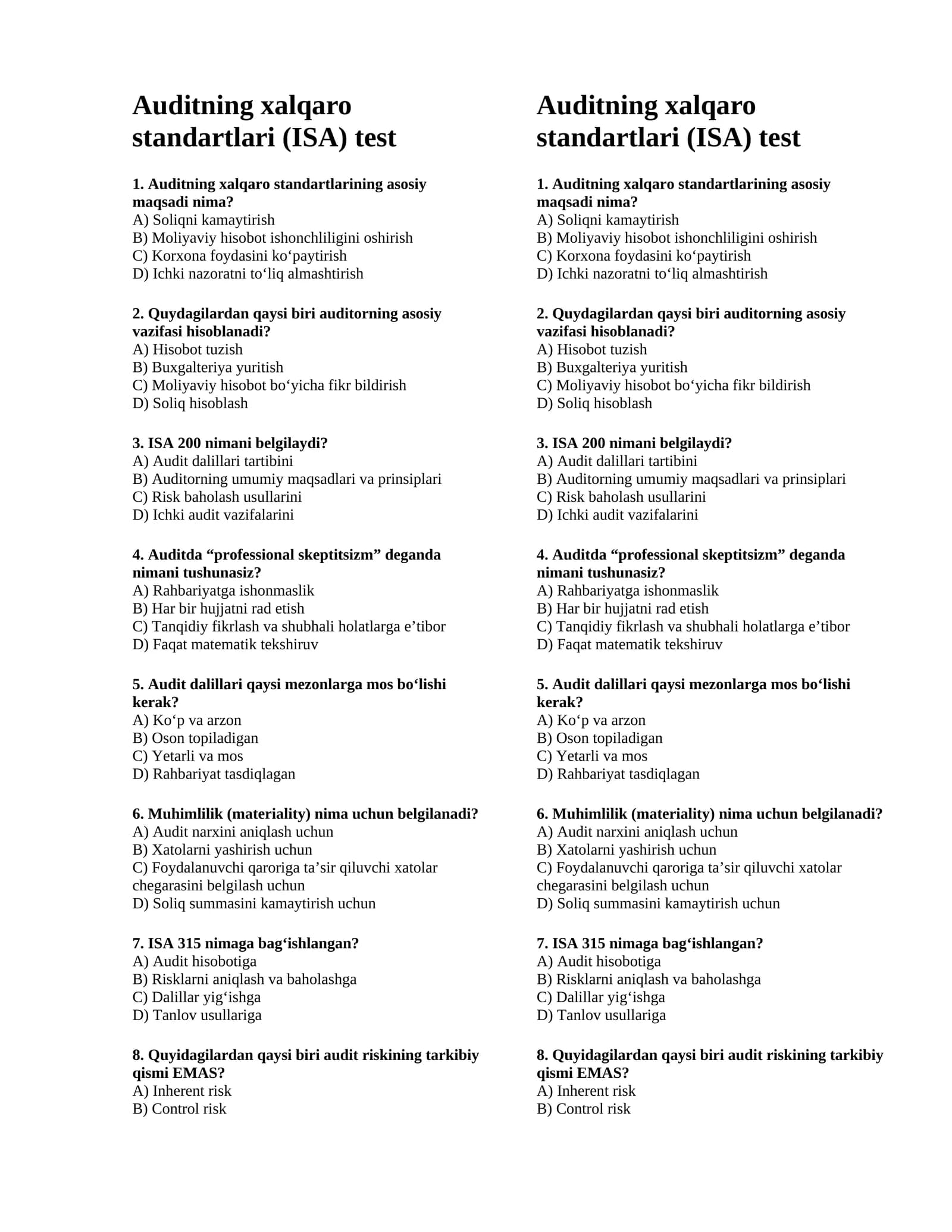 Auditning xalqaro standartlari bo'yicha tayyor test (o'zbek tilida)