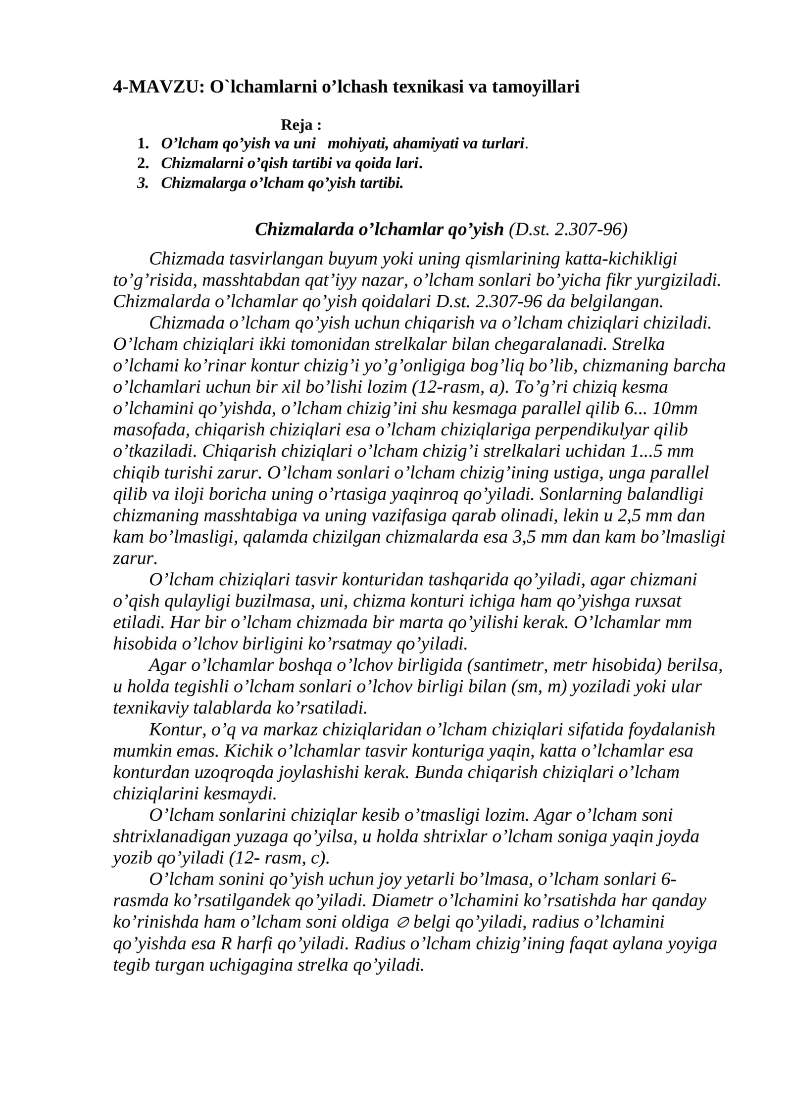 O`lchamlarni o’lchash texnikasi va tamoyillari