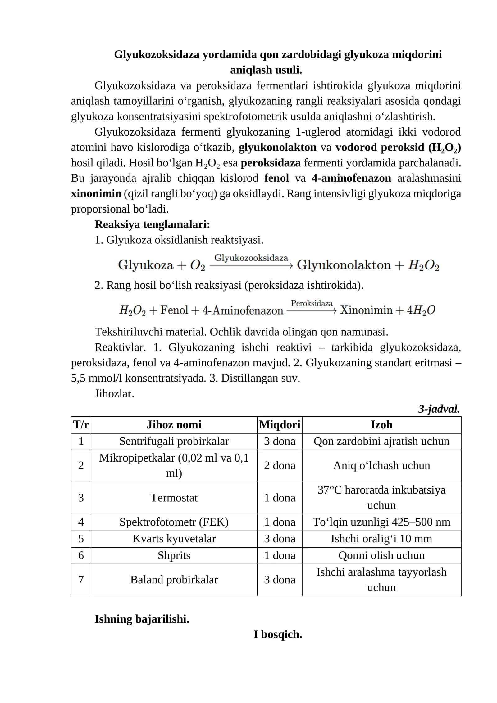 Glyukozoksidaza yordamida qon zardobidagi glyukoza miqdorini aniqlash usuli
