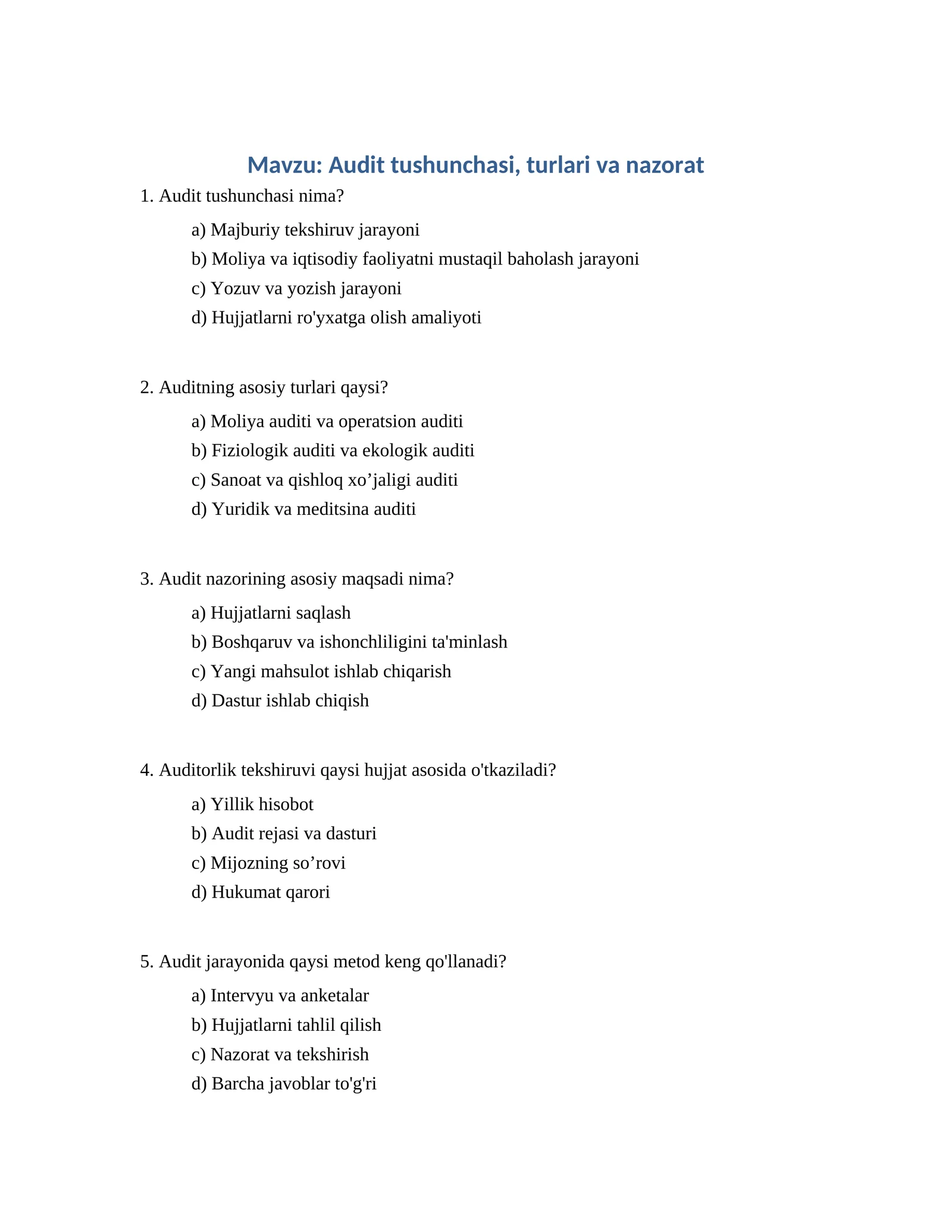 Audit tushunchasi, turlari va nazorat