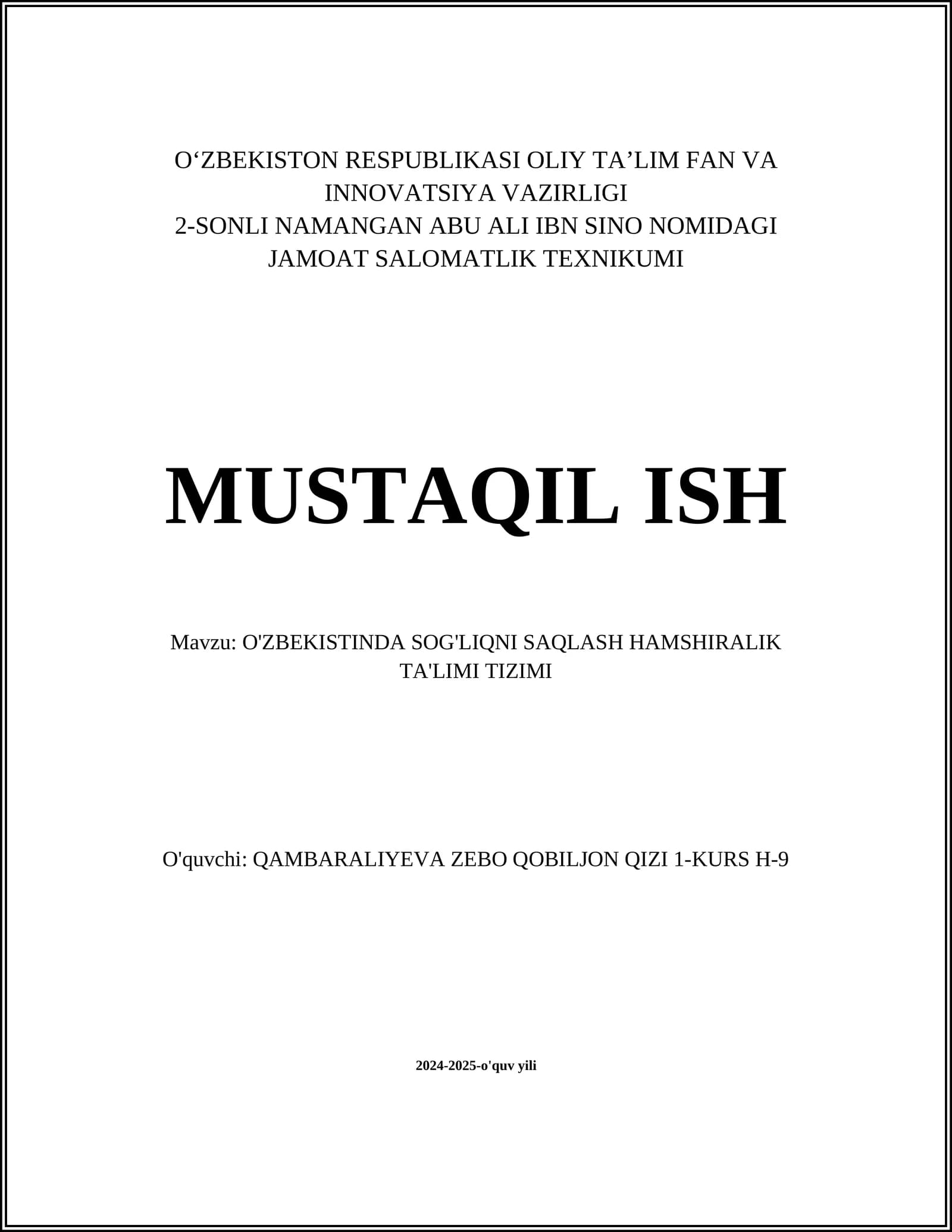O'ZBEKISTINDA SOG'LIQNI SAQLASH HAMSHIRALIK TA'LIMI TIZIMI