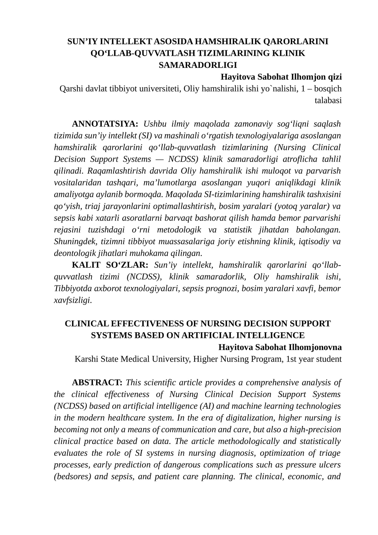 SUN’IY INTELLEKT ASOSIDA HAMSHIRALIK QARORLARINI QO‘LLAB-QUVVATLASH TIZIMLARINING KLINIK SAMARADORLIGI
