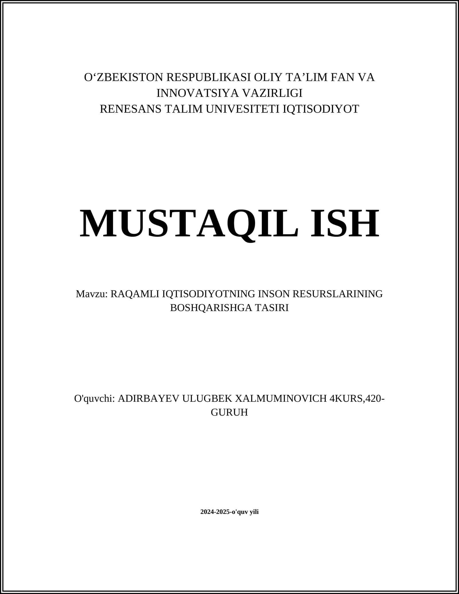 RAQAMLI IQTISODIYOTNING INSON RESURSLARINING BOSHQARISHGA TASIRI