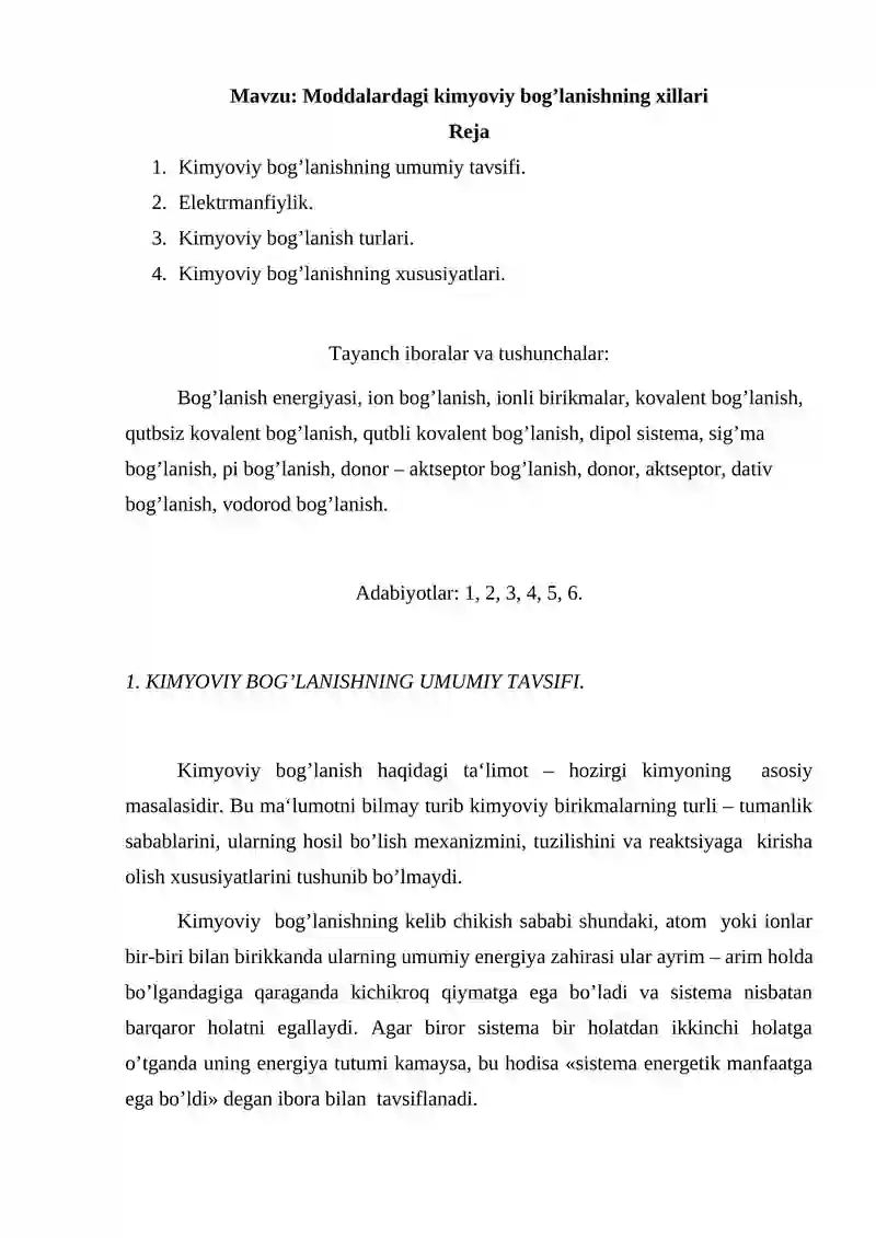 Moddalardagi kimyoviy bog’lanishning xillari