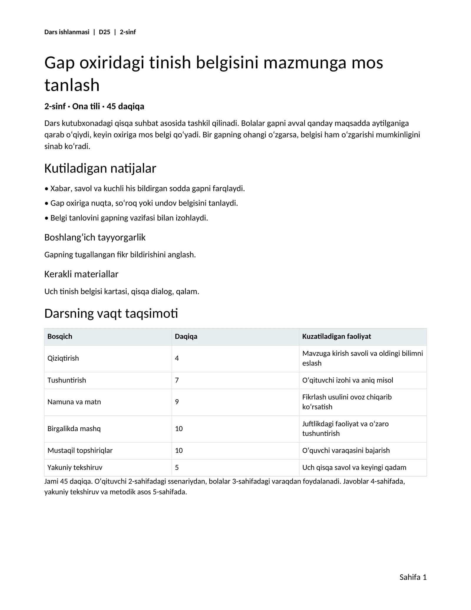2-sinf Gap oxiridagi tinish belgisini mazmunga mos tanlash — dars ishlanmasi va tarqatmalar