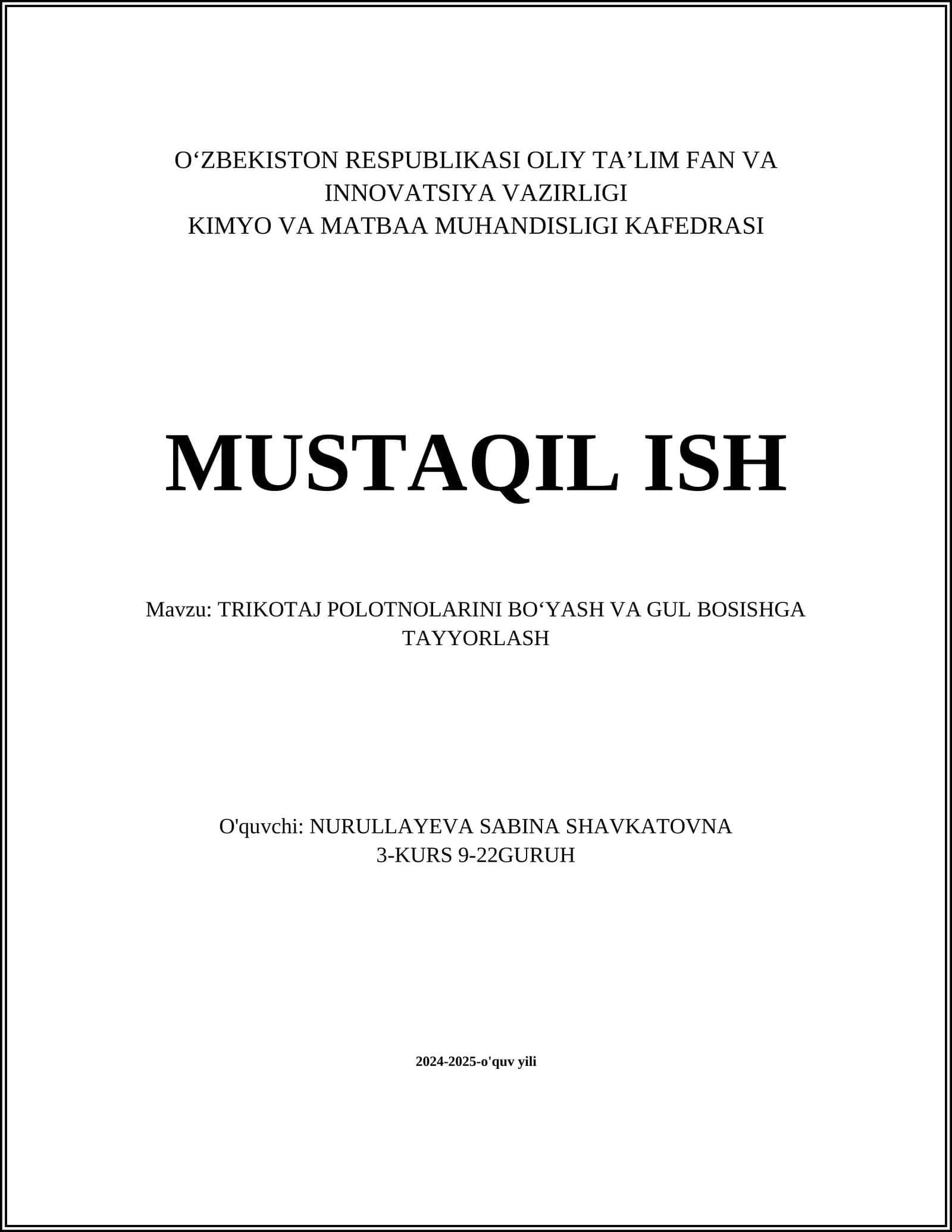 TRIKOTAJ POLOTNOLARINI BOʻYASH VA GUL BOSISHGA TAYYORLASH
