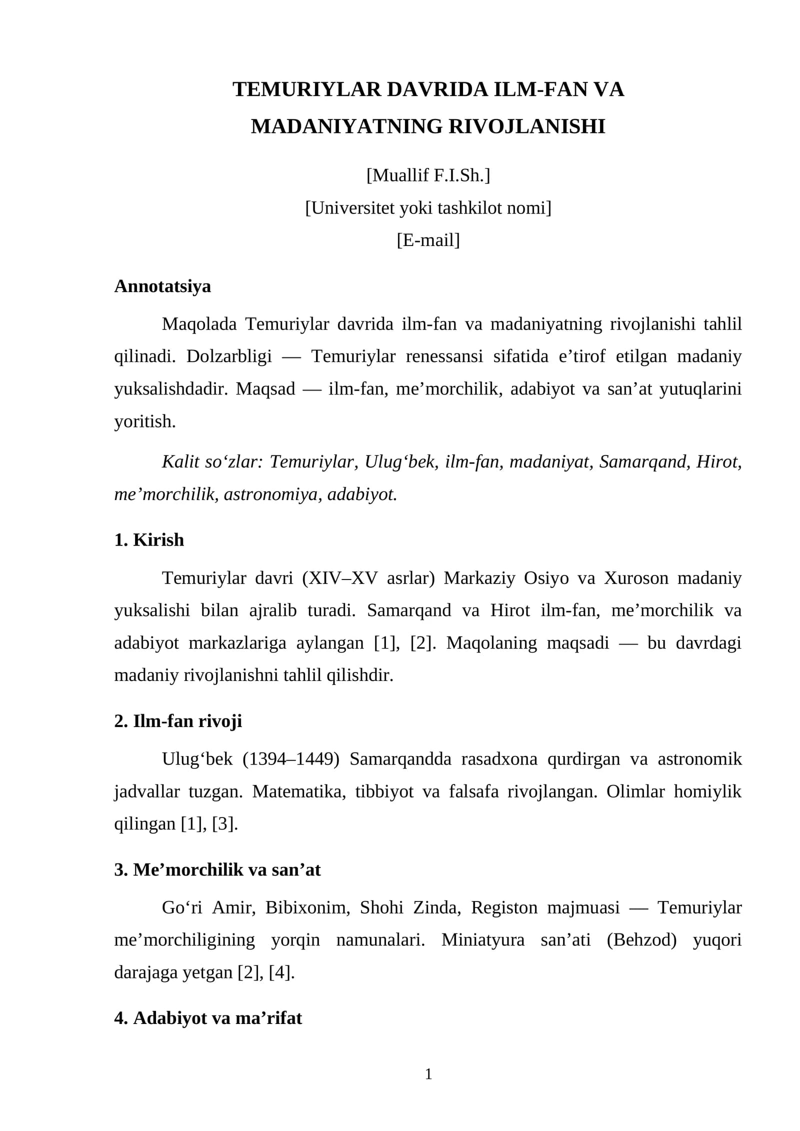 TEMURIYLAR DAVRIDA ILM-FAN VA MADANIYATNING RIVOJLANISHI