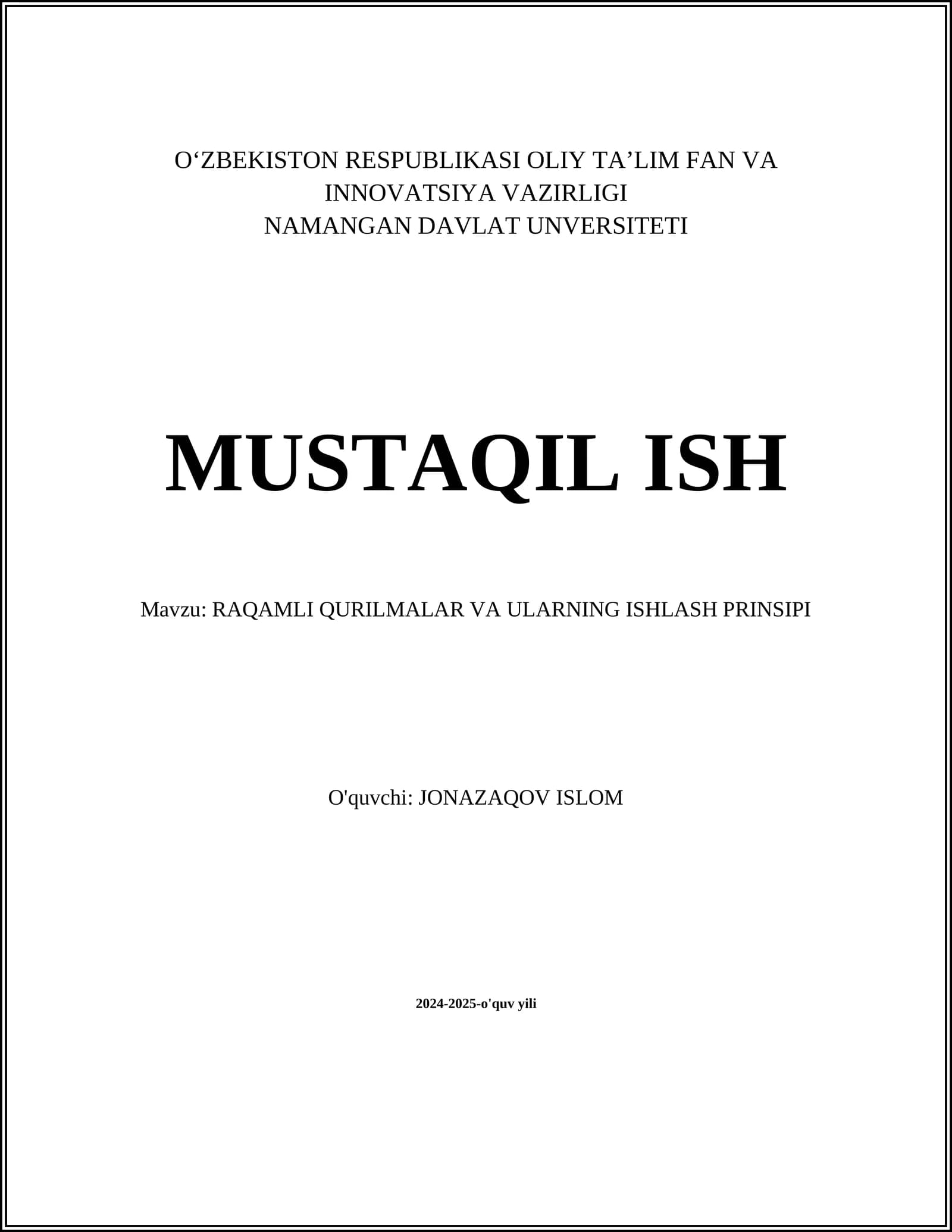 RAQAMLI QURILMALAR VA ULARNING ISHLASH PRINSIPI