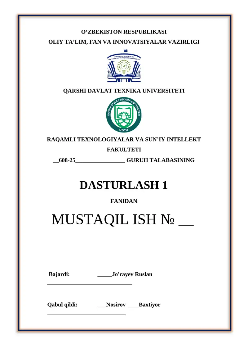 mustaqil ish c++ tilida