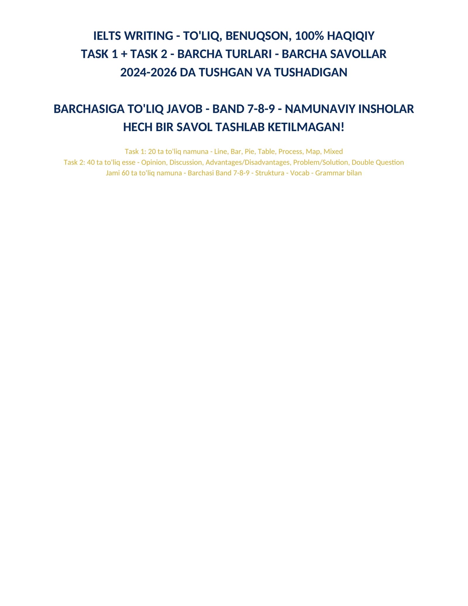 IELTS WRITING - TO'LIQ, BENUQSON, TASK 1 + TASK 2 , SAVOLLAR VA JAVOBLAR