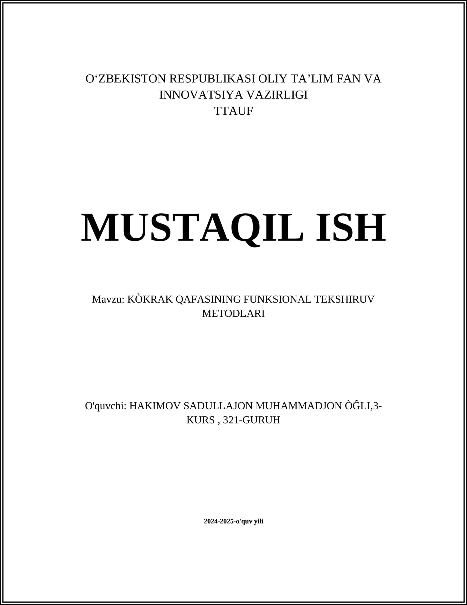 KÒKRAK QAFASINING FUNKSIONAL TEKSHIRUV METODLARI