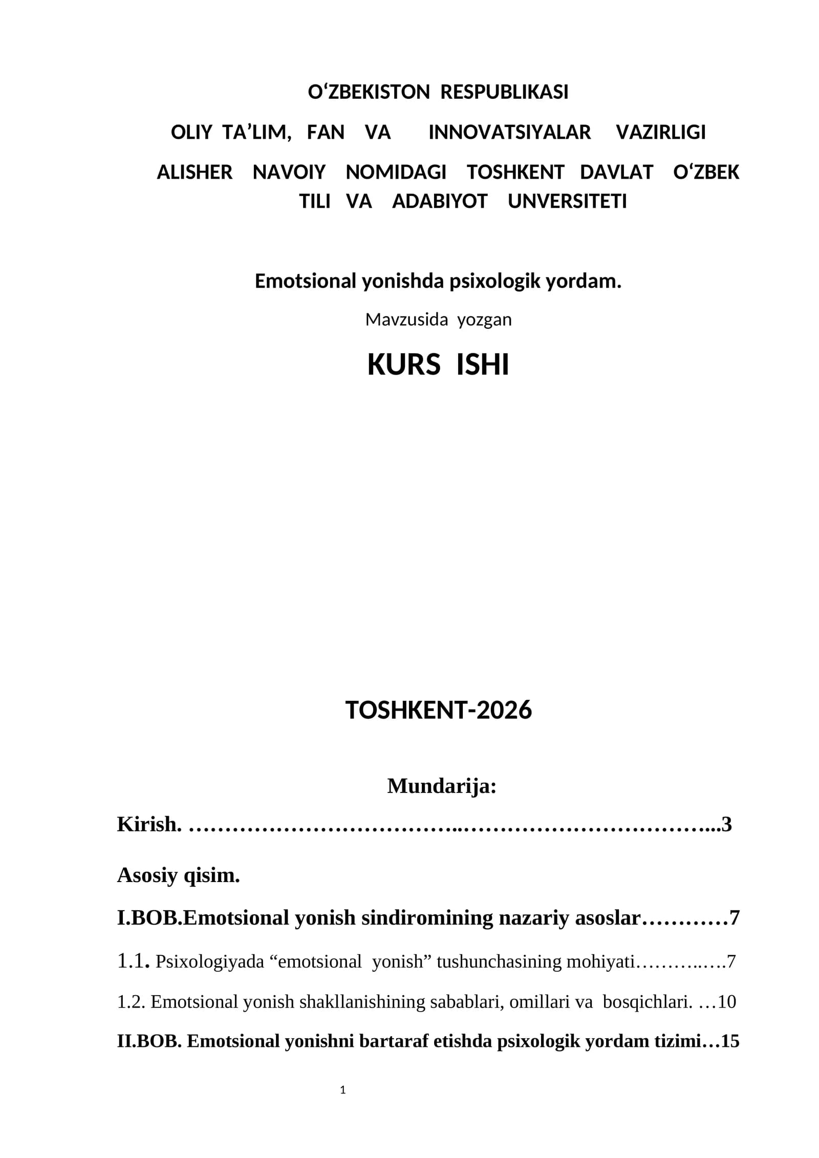 Emotsional Yonishda Psixologik Yordam Kurs Ishi