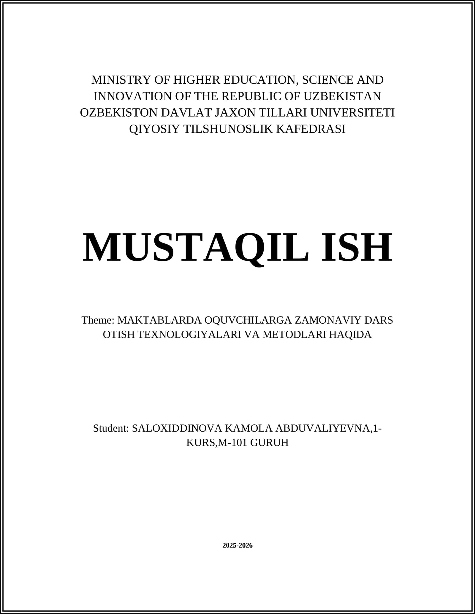 MAKTABLARDA OQUVCHILARGA ZAMONAVIY DARS OTISH TEXNOLOGIYALARI VA METODLARI