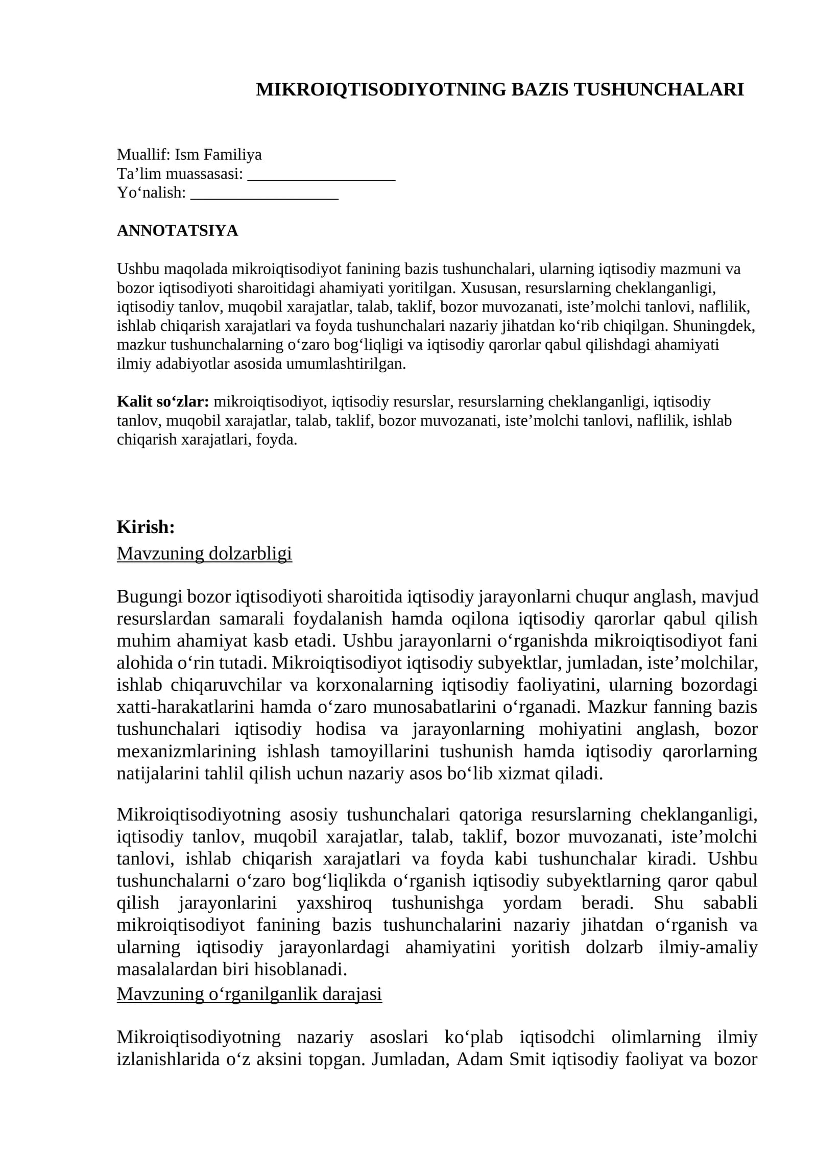 Mikroiqtisodiyotning bazis tushunchalari
