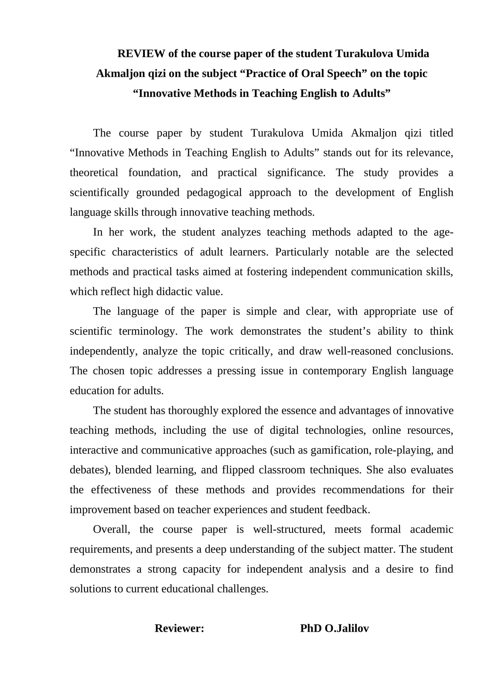 Course paper on "Innovative Methods in Teaching English to Adults"