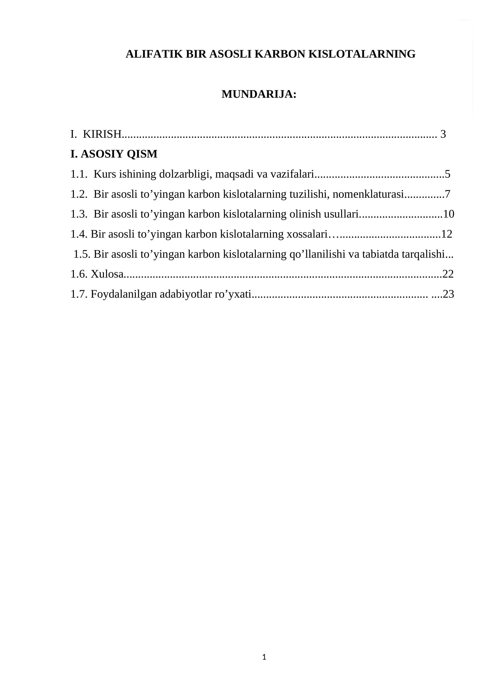 ALIFATIK BIR ASOSLI KARBON KISLOTALARNING