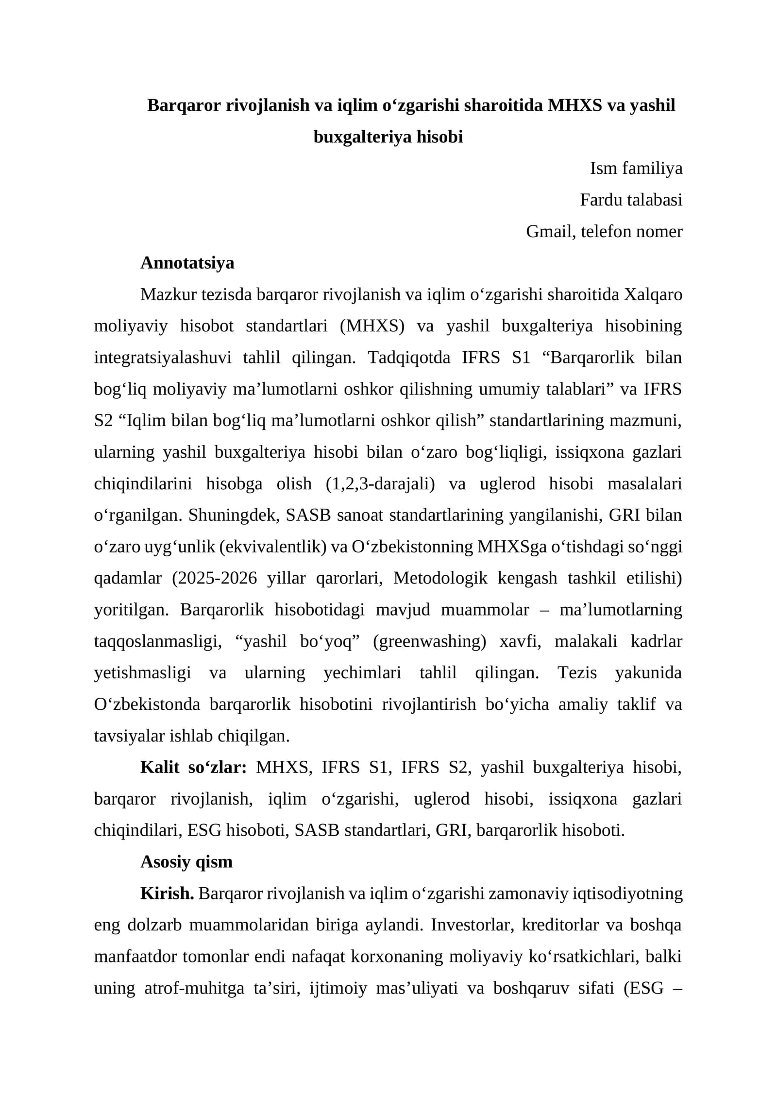 Barqaror rivojlanish va iqlim o‘zgarishi sharoitida MHXS va yashil buxgalteriya hisobi