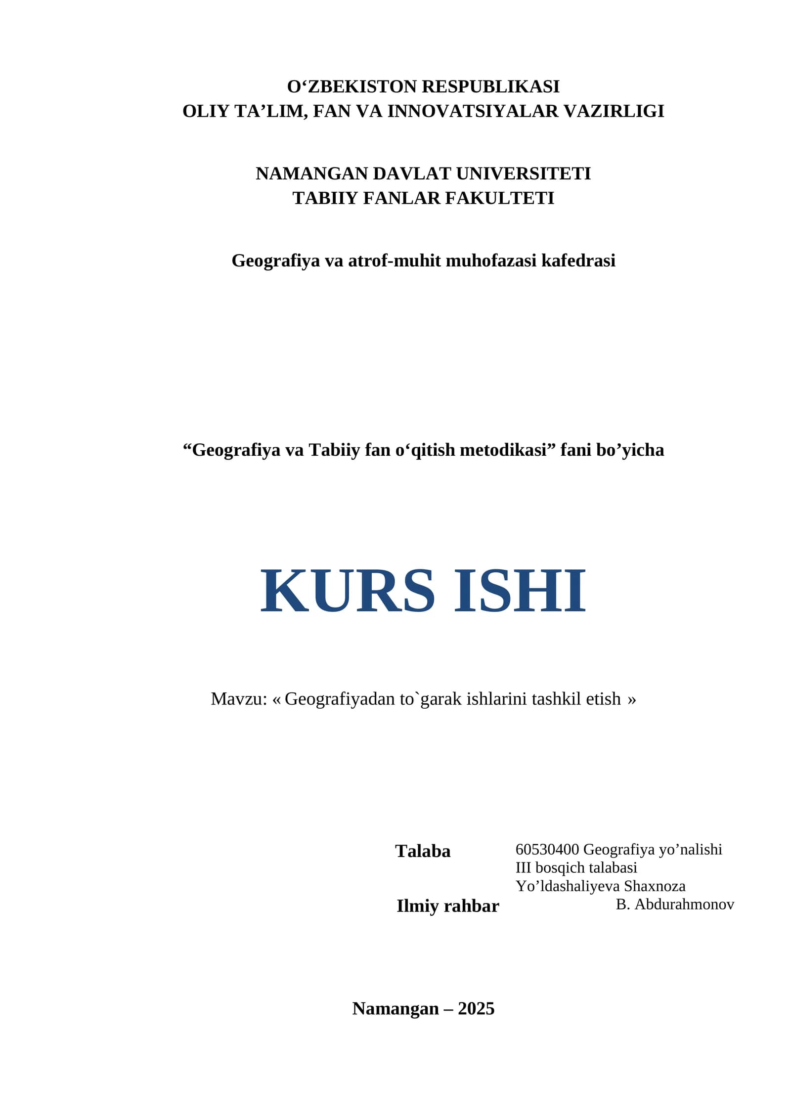 Geografiya va Tabiiy fan o‘qitish metodikasi KURS ISHI