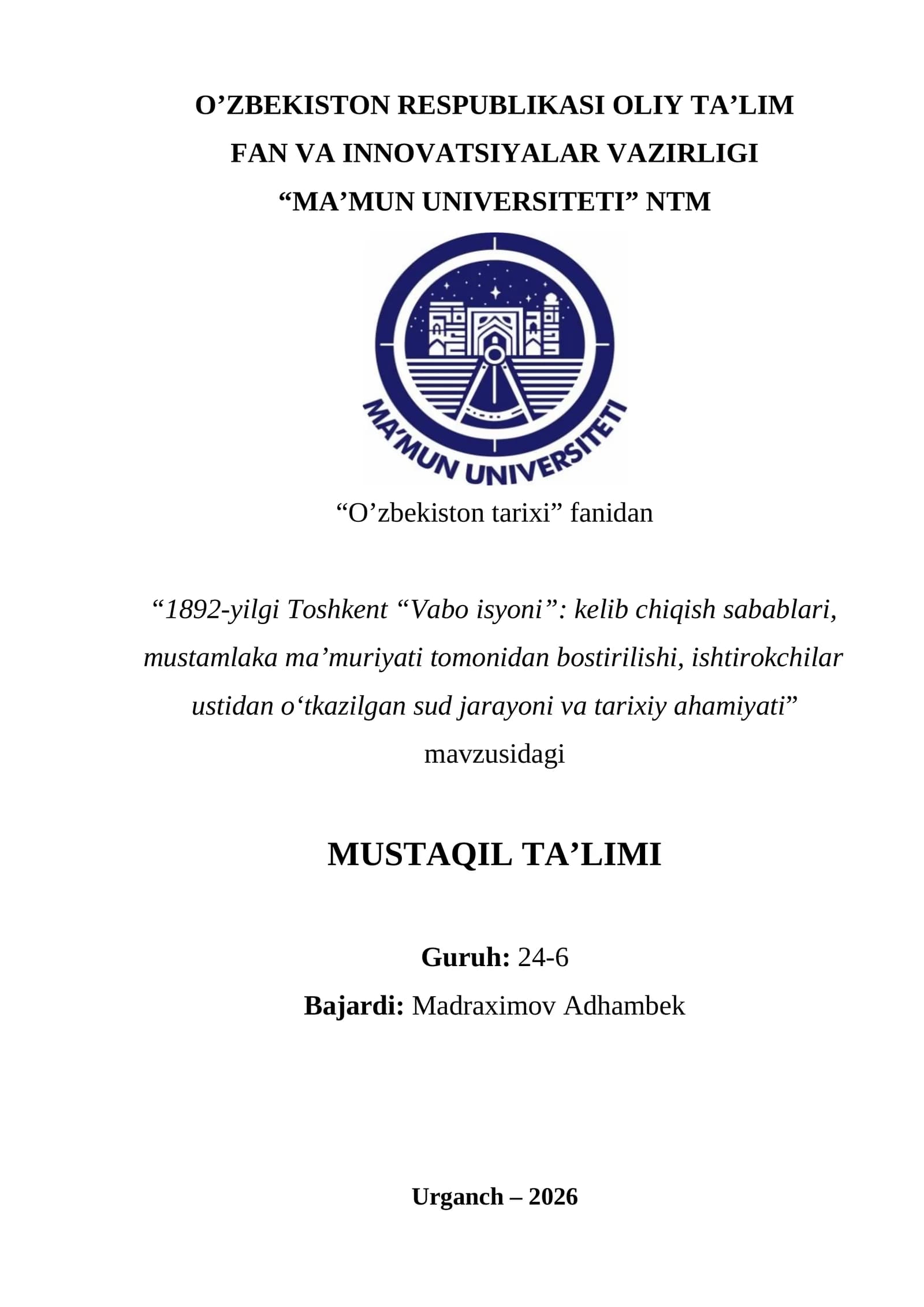 1892-yilgi Toshkent “Vabo isyoni”