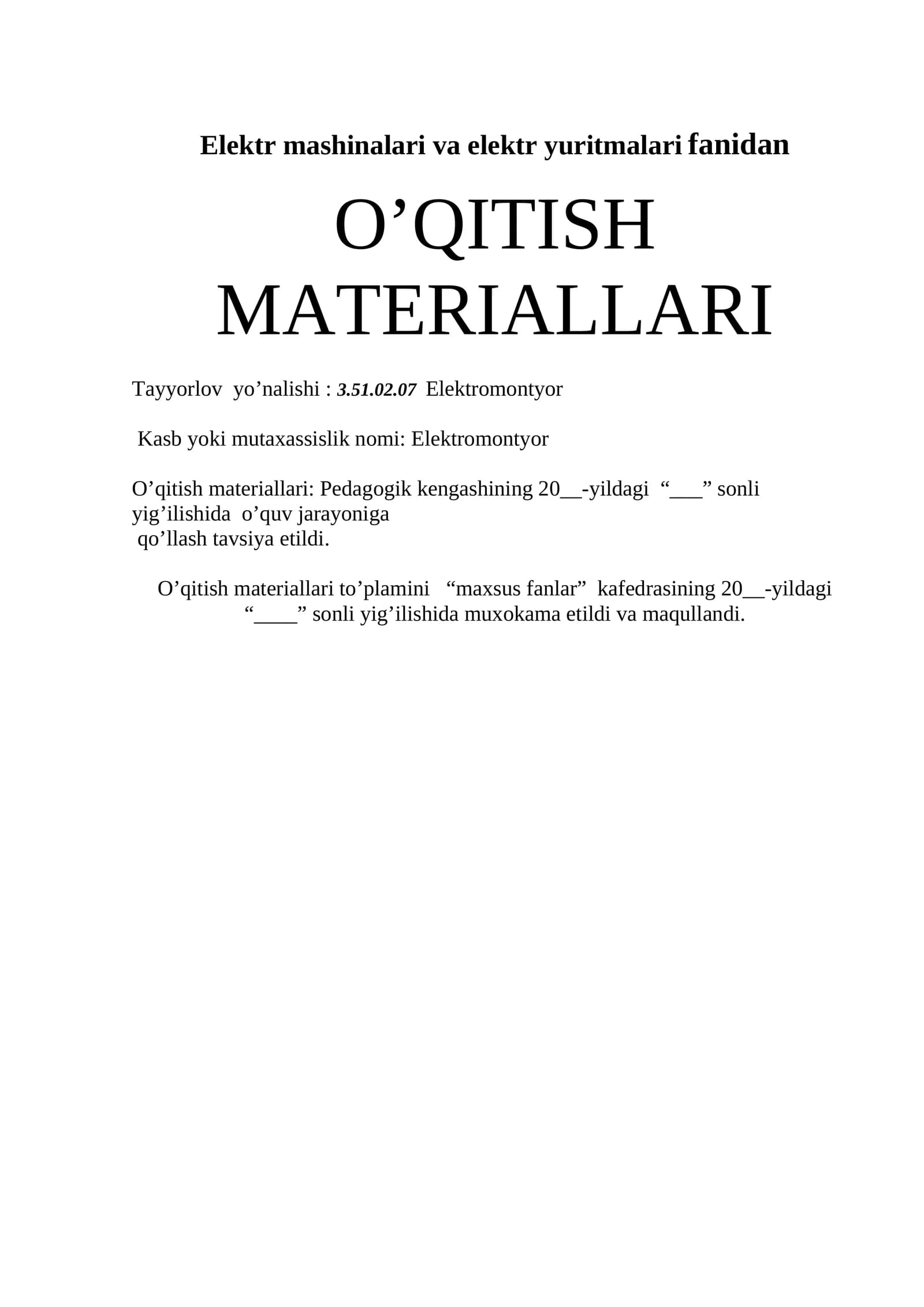 Elektr mashinalari va elektr yuritmalari fanidan O’QITISH MATERIALLARI