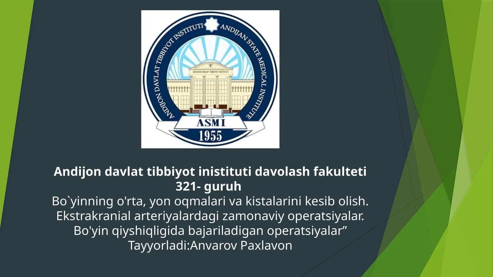 Bo`yinning o'rta, yon oqmalari va kistalarini kesib olish. Ekstrakranial arteriyalardagi zamonaviy operatsiyalar. Bo'yin qiyshiqligida bajariladigan operatsiyalar”