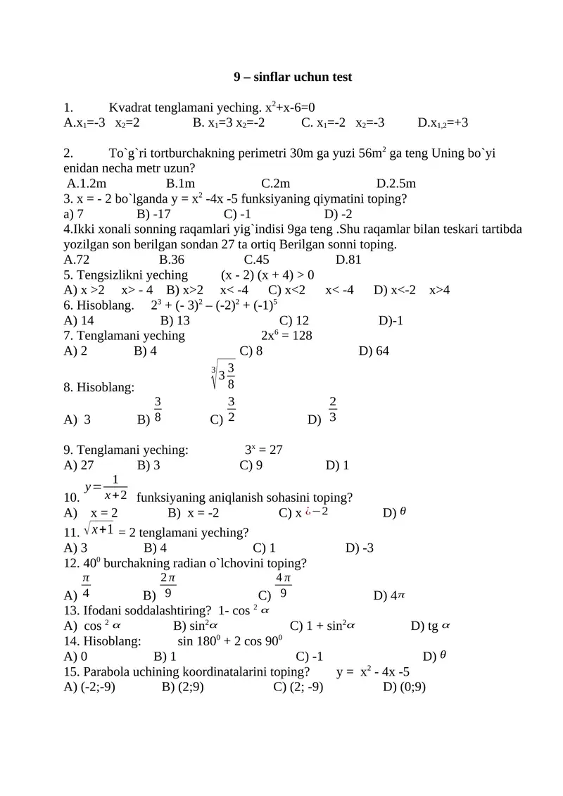 9 – sinflar uchun test