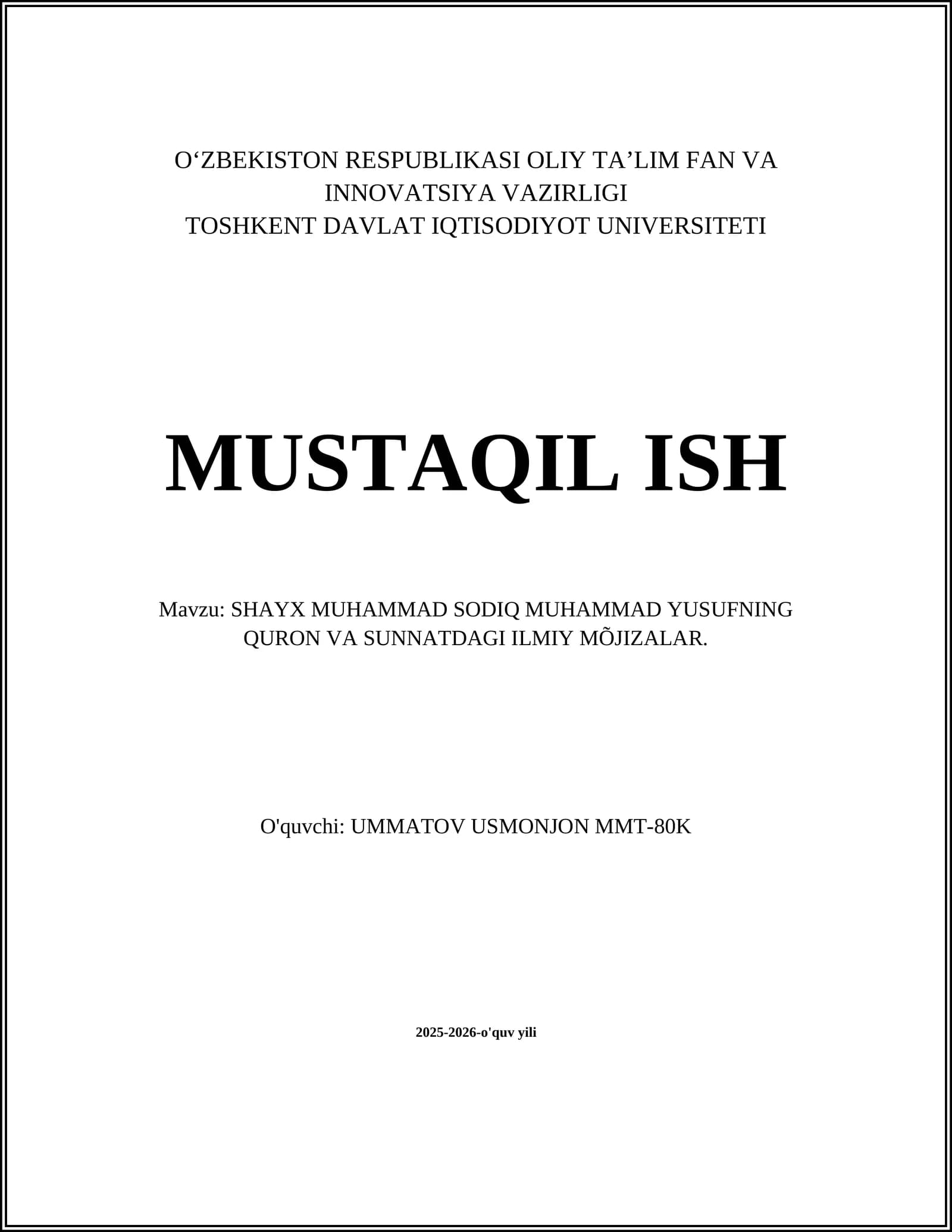 SHAYX MUHAMMAD SODIQ MUHAMMAD YUSUFNING QURON VA SUNNATDAGI ILMIY MÕJIZALAR