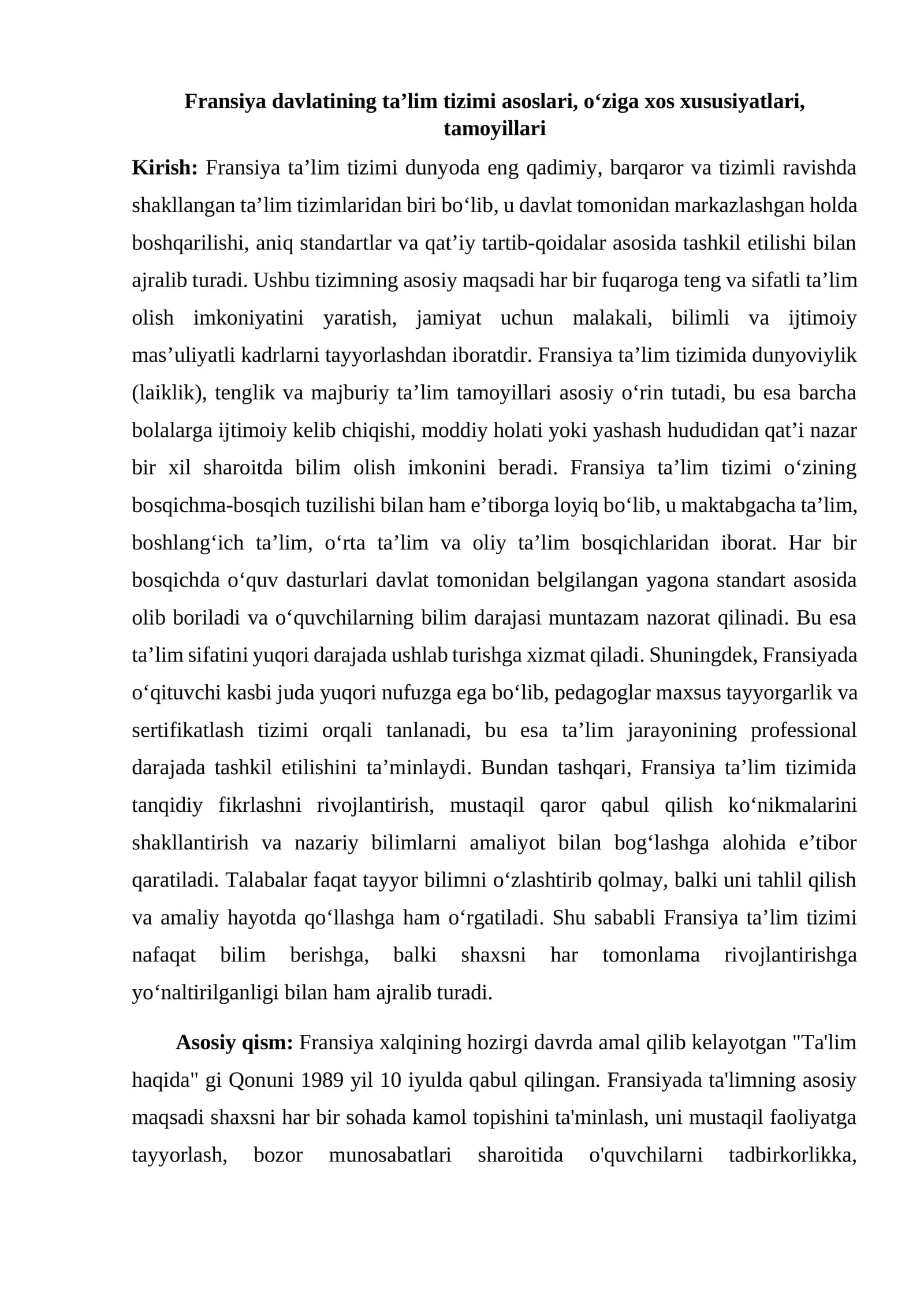 Fransiya ta’lim tizimi asoslari