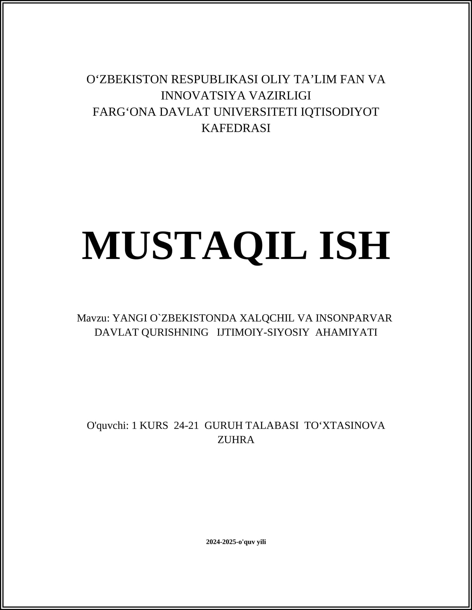 YANGI O`ZBEKISTONDA XALQCHIL VA INSONPARVAR DAVLAT QURISHNING IJTIMOIY-SIYOSIY AHAMIYATI