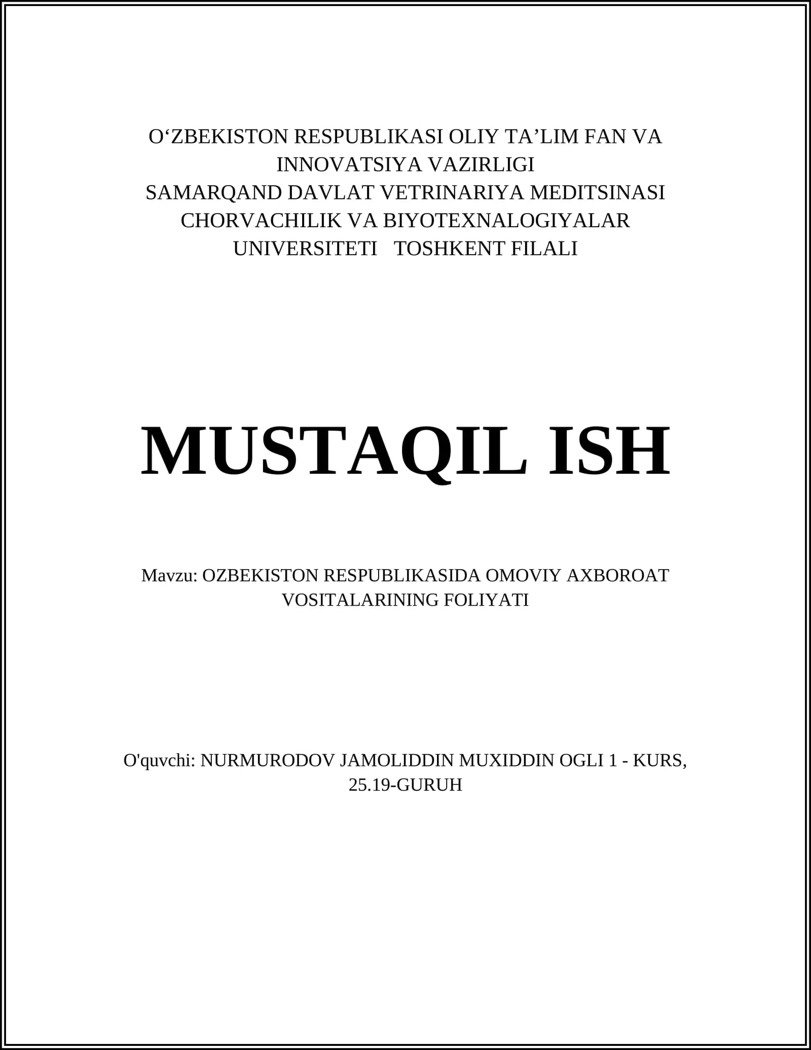 O'zbekiston Respublikasida ommaviy axborot vositalarining foliyati