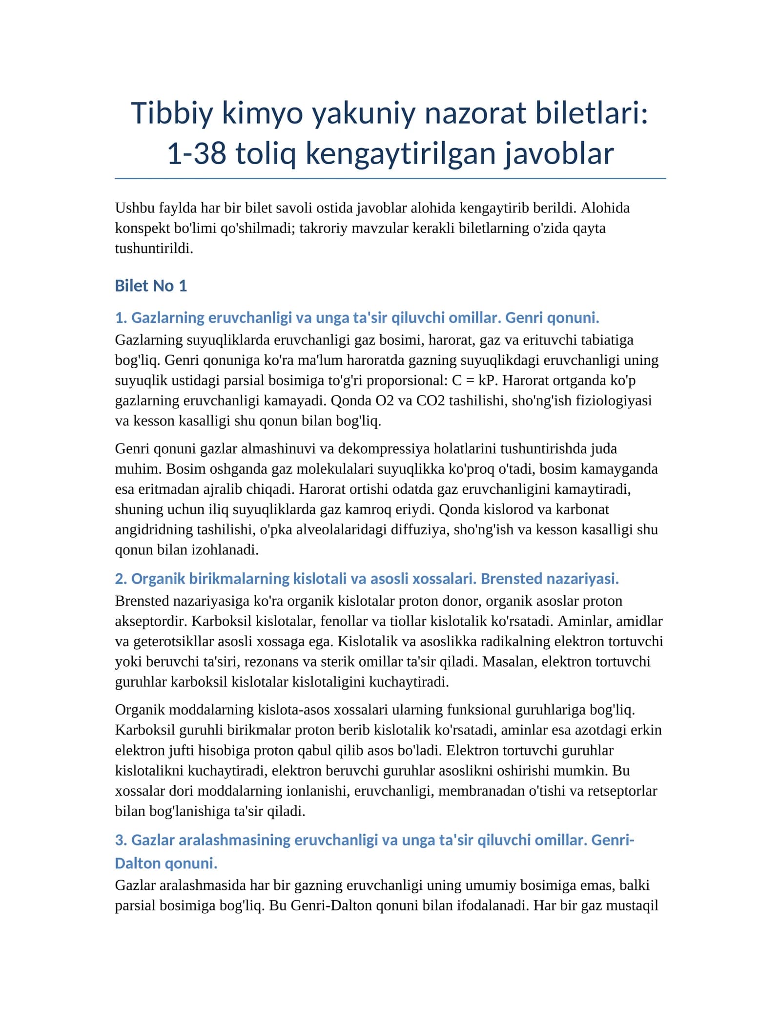Tibbiy kimyo yakuniy nazorat biletlari: 1-38 toliq kengaytirilgan javoblar