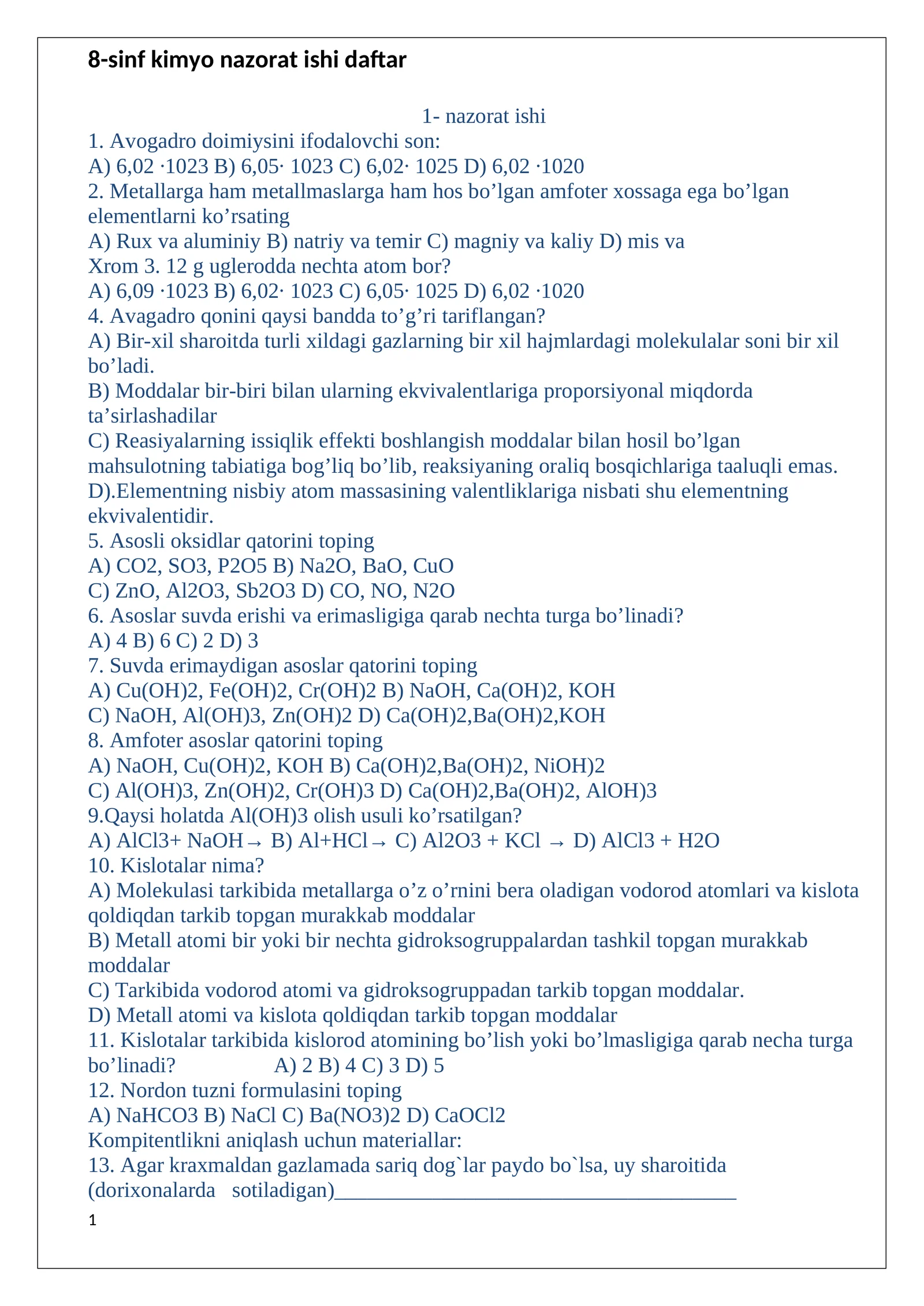 8-sinf kimyo nazorat ishi daftar
