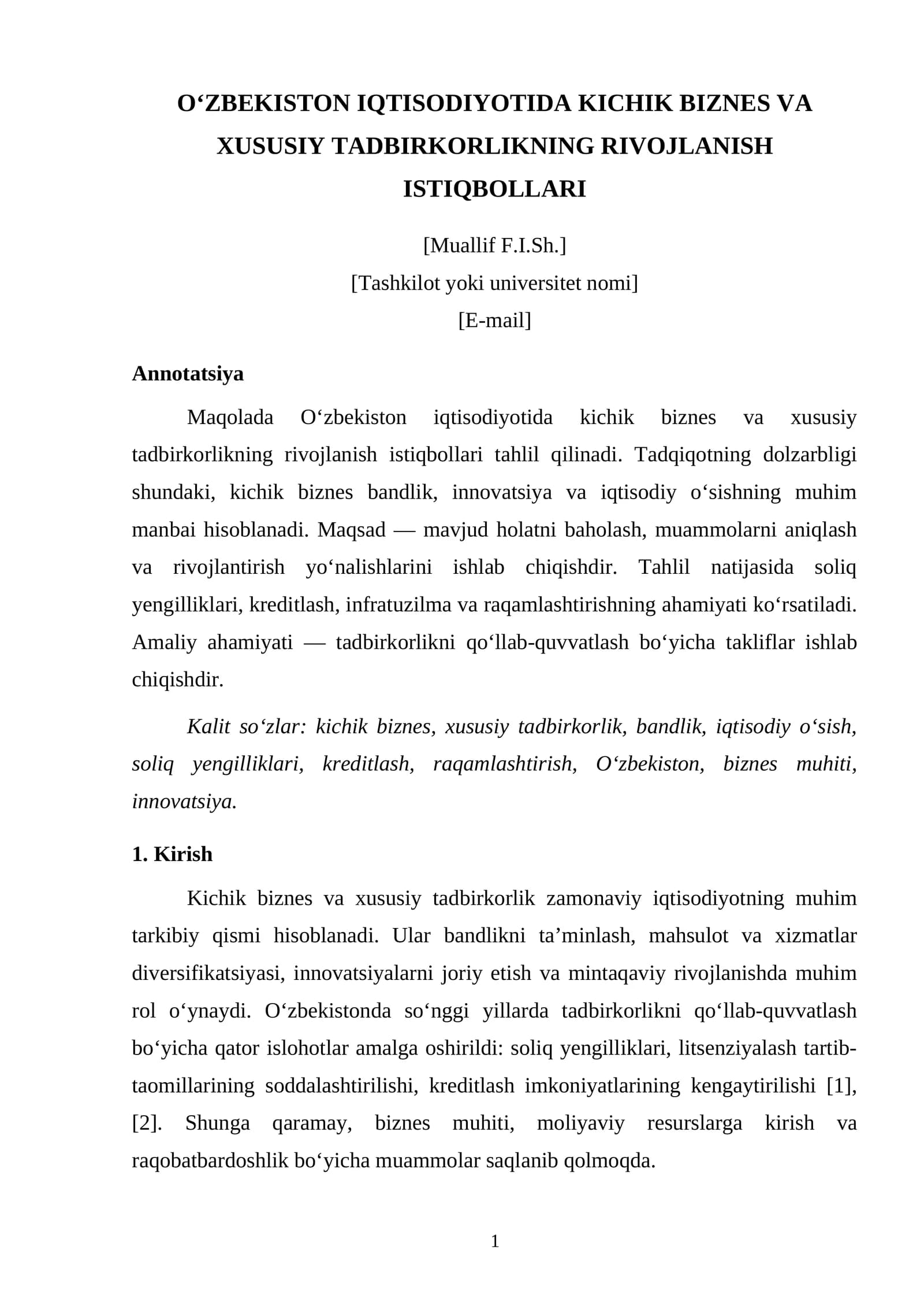 O‘ZBEKISTON IQTISODIYOTIDA KICHIK BIZNES VA XUSUSIY TADBIRKORLIKNING RIVOJLANISH ISTIQBOLLARI