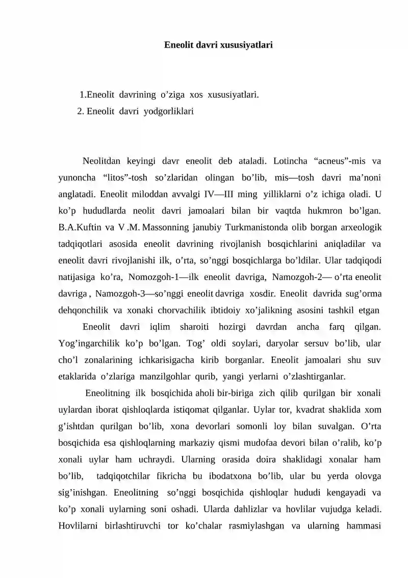 Eneolit davri xususiyatlari