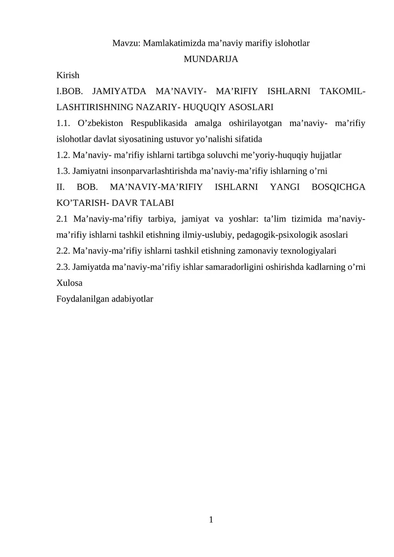 Mamlakatimizda ma’naviy marifiy islohotlar
