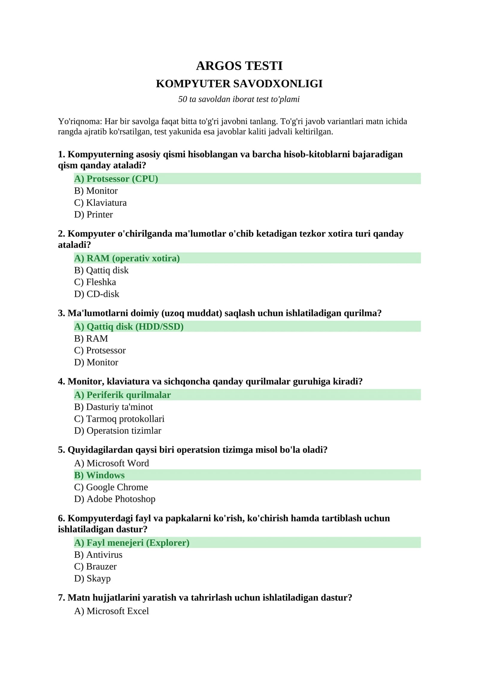 ARGOS test to'plami — Kompyuter savodxonligi (50 savol, javoblar bilan)