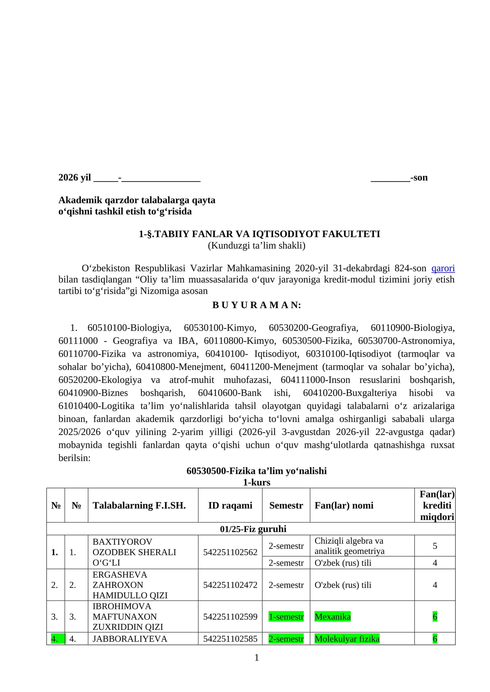 2026 yil Oliy Ta' lim Muassasalari Talabalari Uchun Qayta O'qish Tartibi