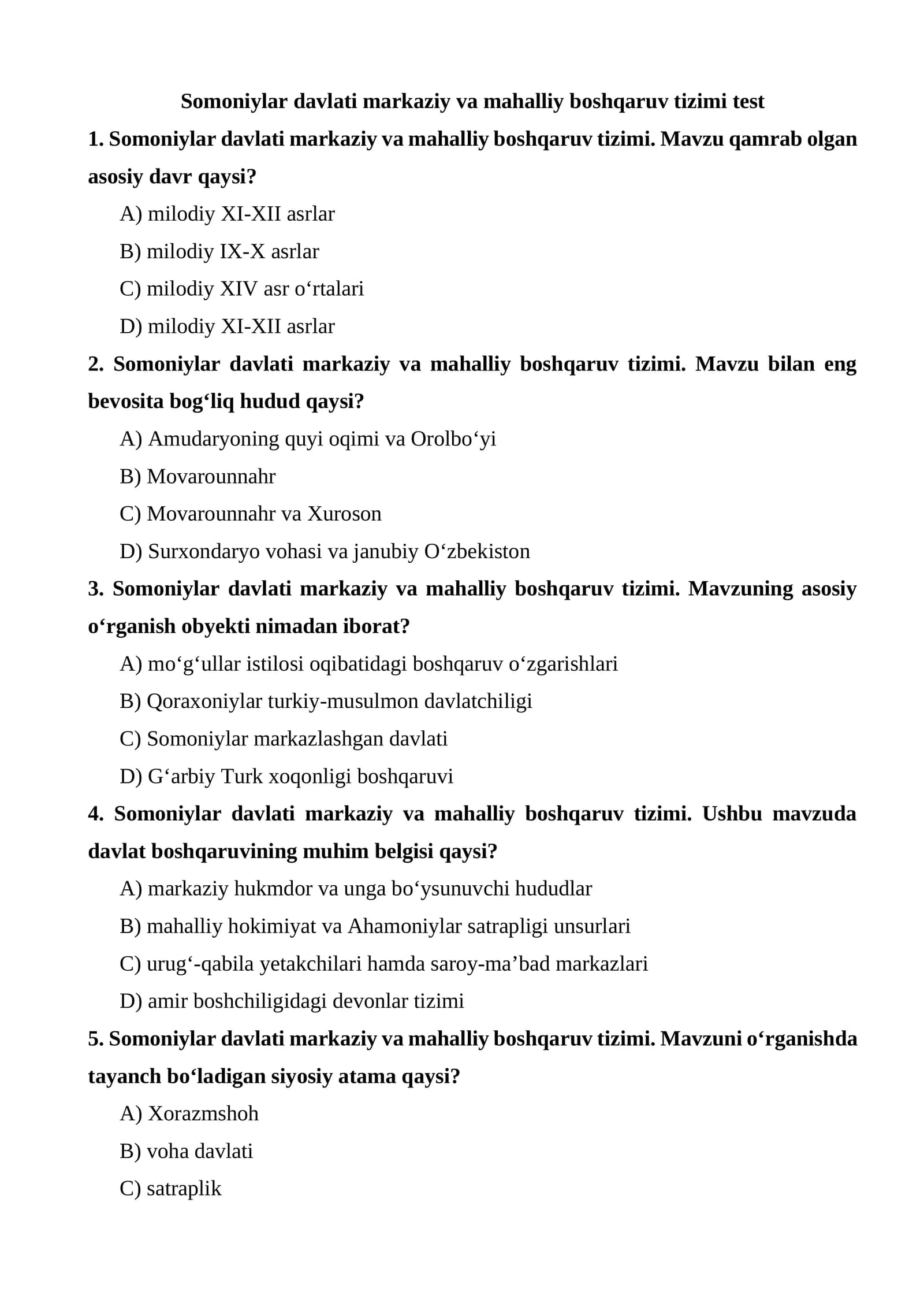 Somoniylar davlati markaziy va mahalliy boshqaruv tizimi test
