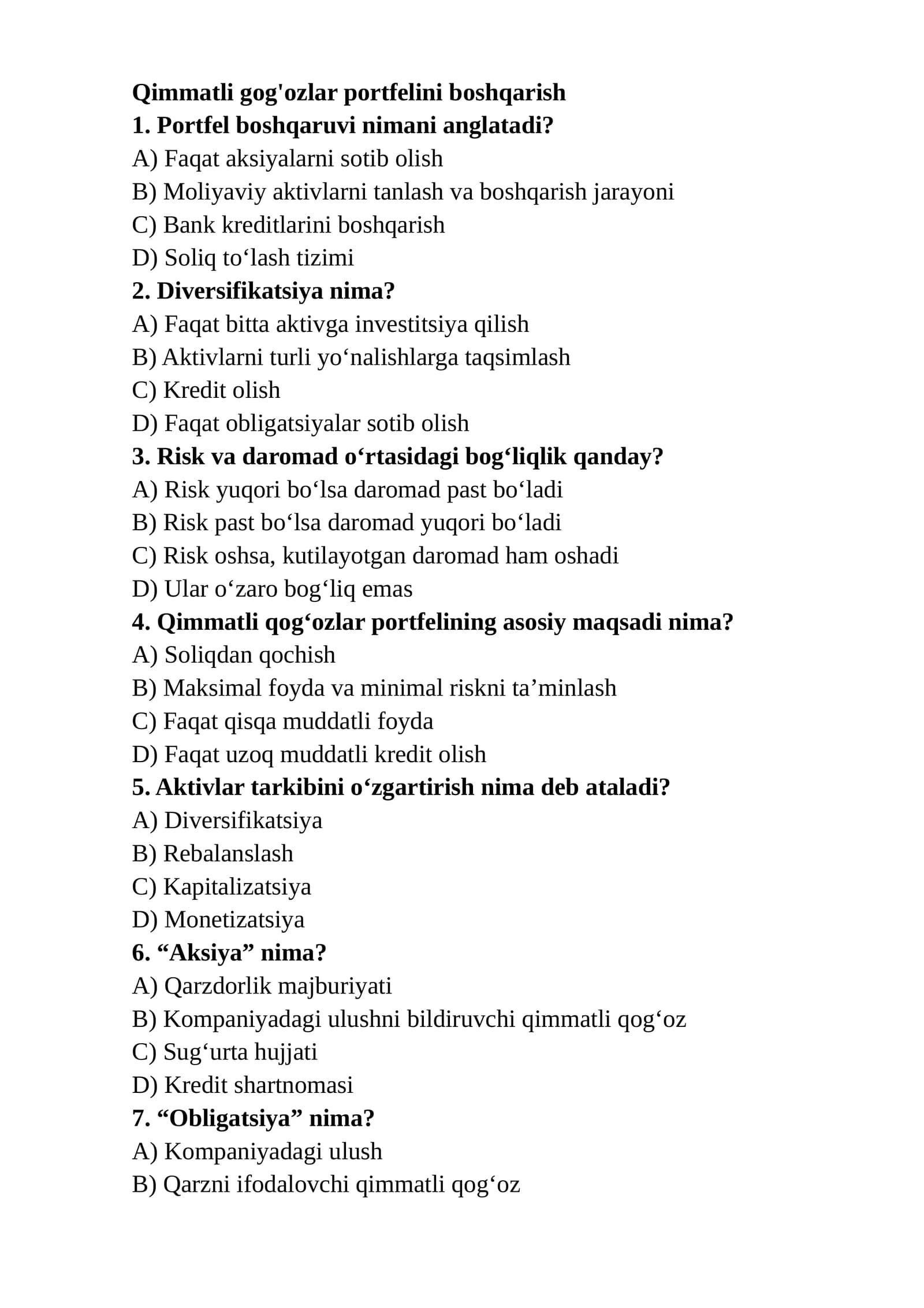 Qimmatli gog'ozlar portfelini boshqarish