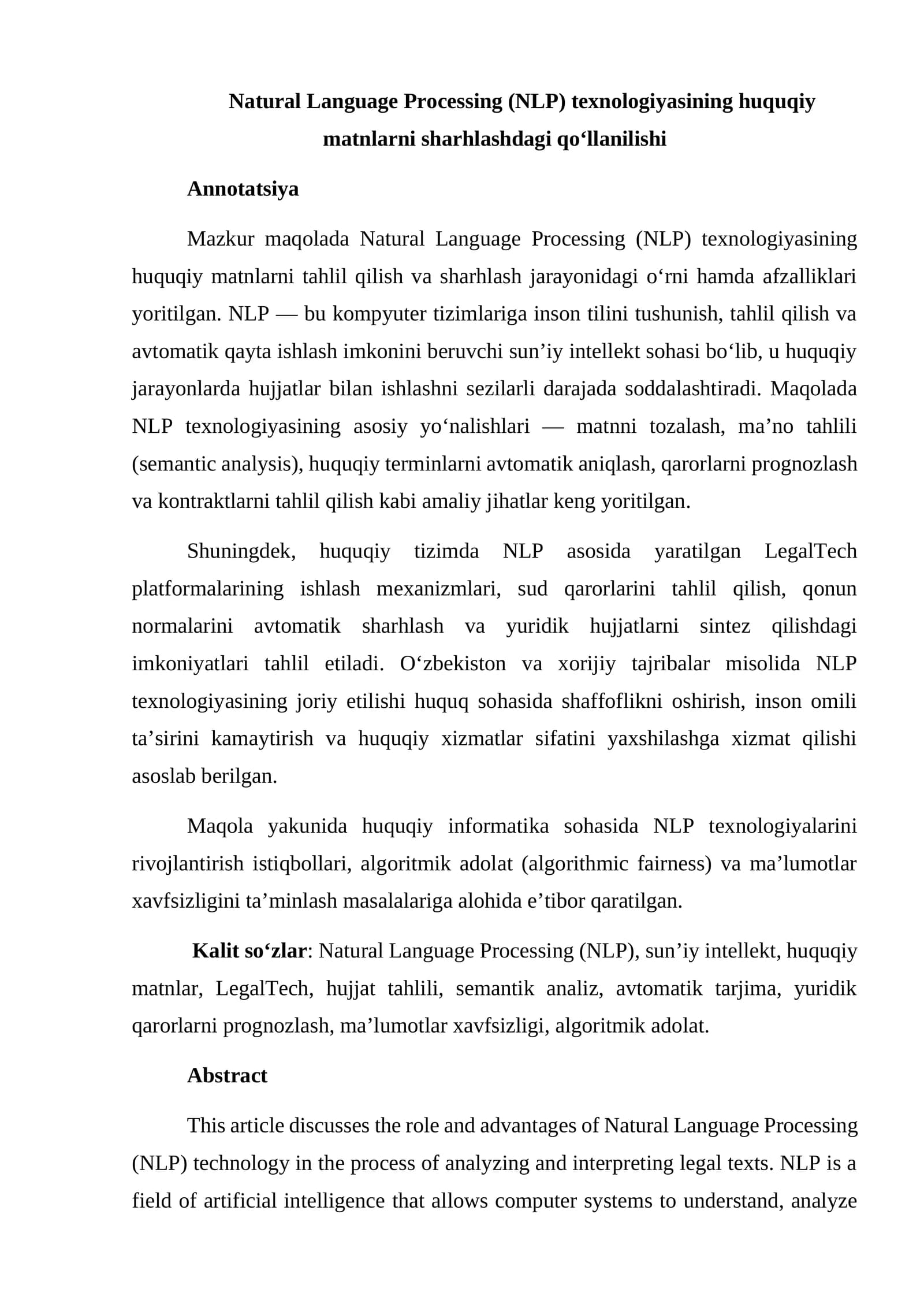 Natural Language Processing (NLP) texnologiyasining huquqiy matnlarni sharhlashdagi qo‘llanilishi