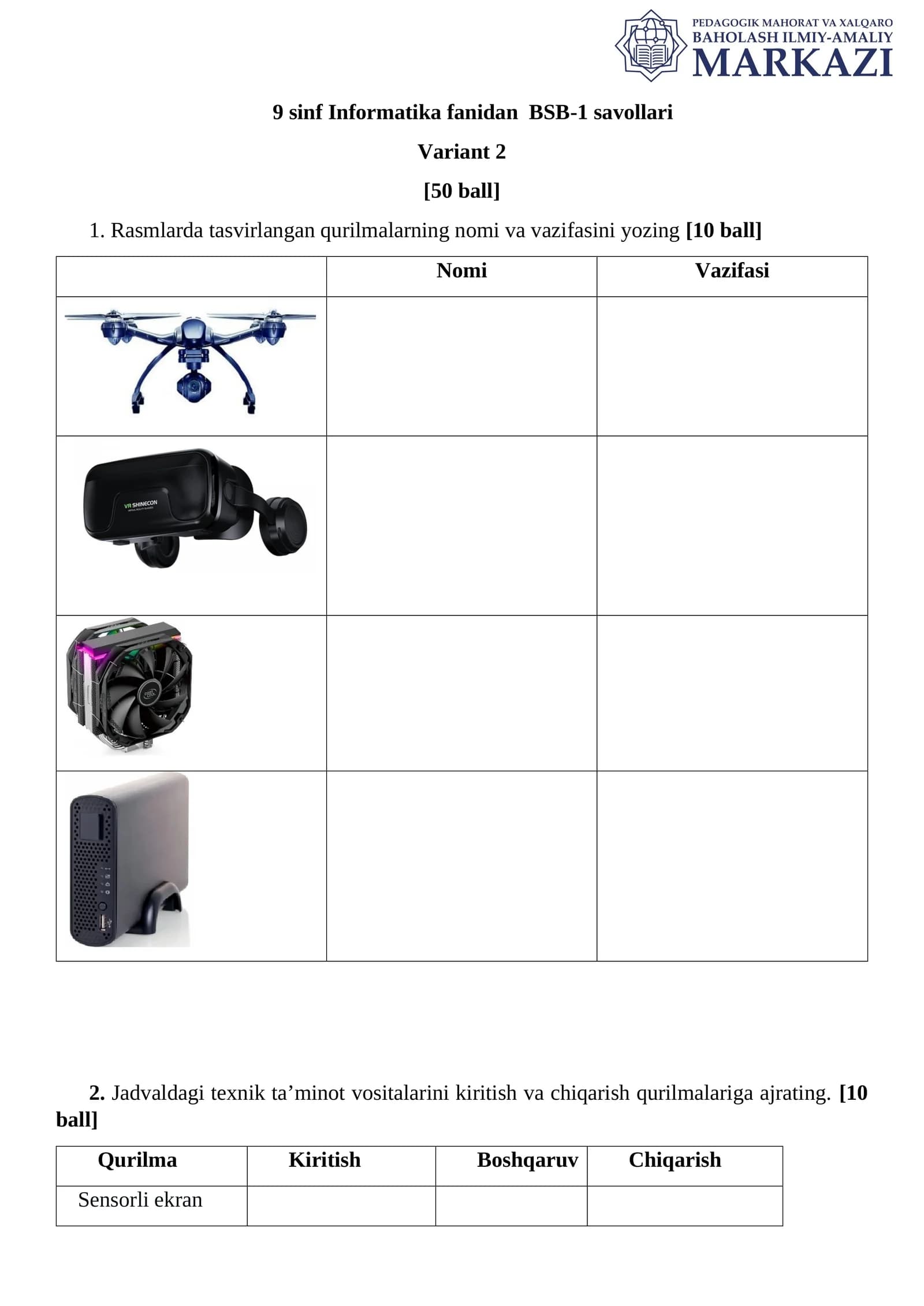 9 sinf Informatika fanidan BSB-1 savollari Variant 2