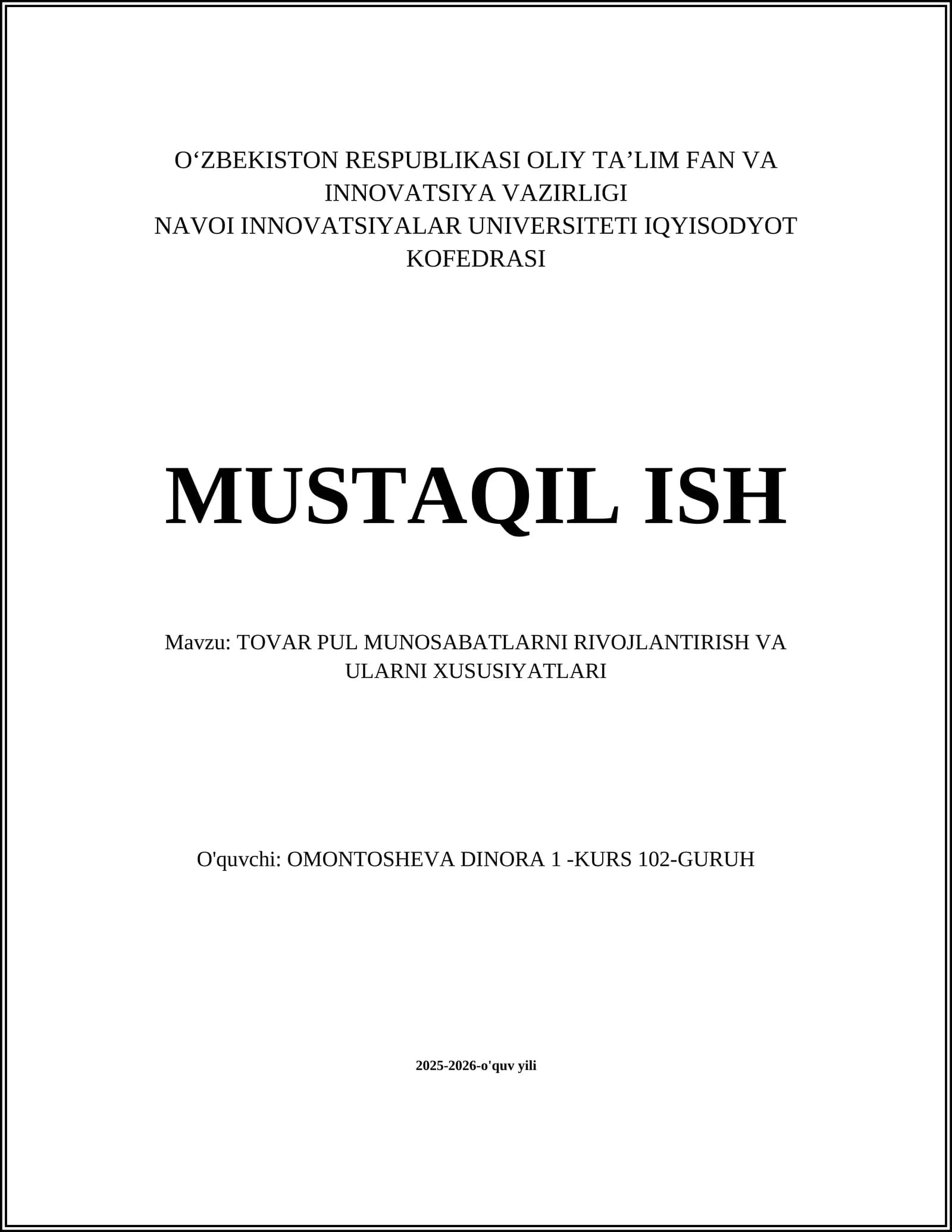 TOVAR PUL MUNOSABATLARNI RIVOJLANTIRISH VA ULARNI XUSUSIYATLARI