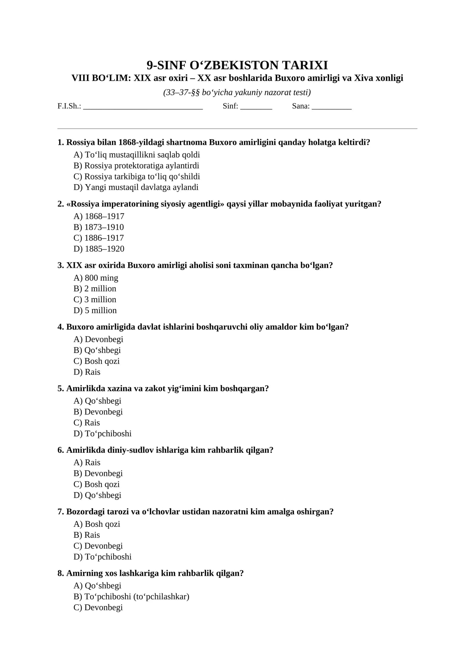 Mavzulashtirilgan testlar | 9-SINF O‘ZBEKISTON TARIXI VIII boʻlim