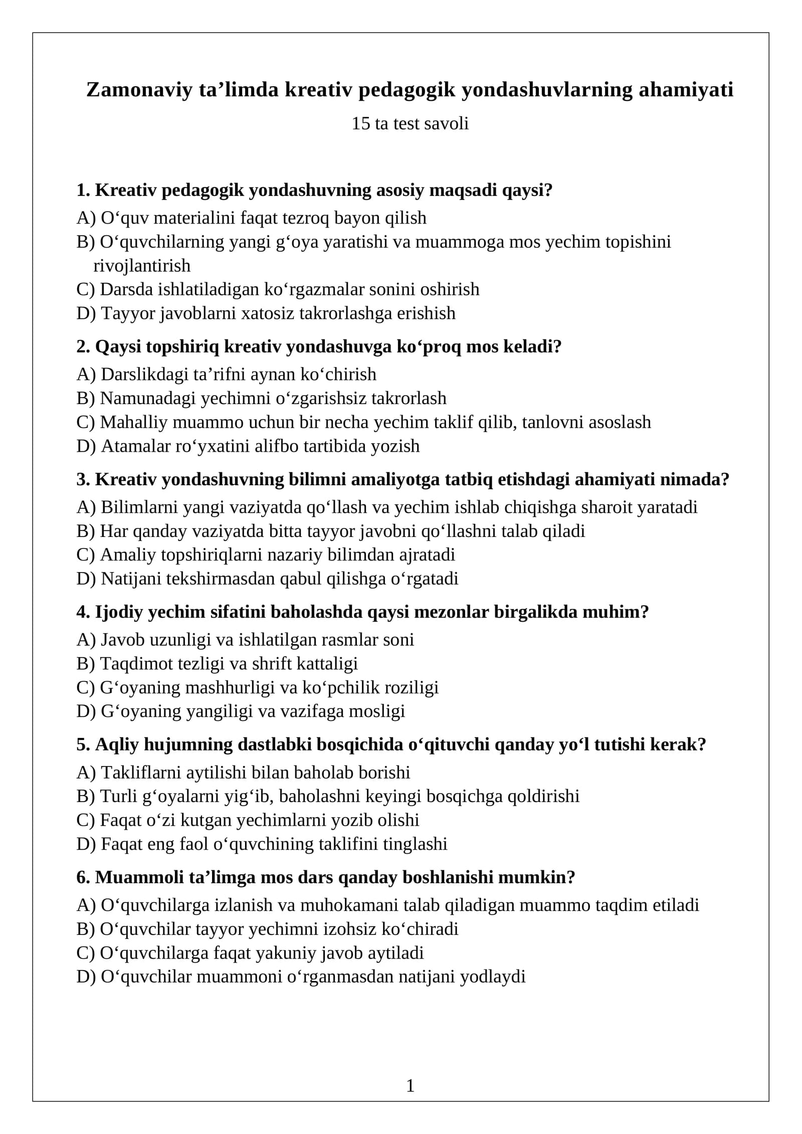 Zamonaviy ta’limda kreativ pedagogik yondashuvlarning ahamiyati