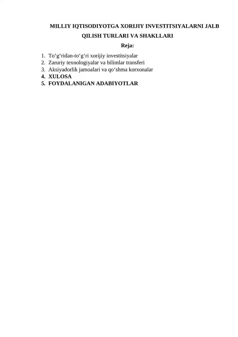 MILLIY IQTISODIYOTGA XORIJIY INVESTITSIYALARNI JALB QILISH TURLARI VA SHAKLLARI