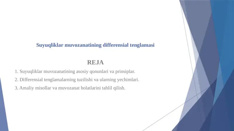 Suyuqliklar muvozanatining differensial tenglamasi