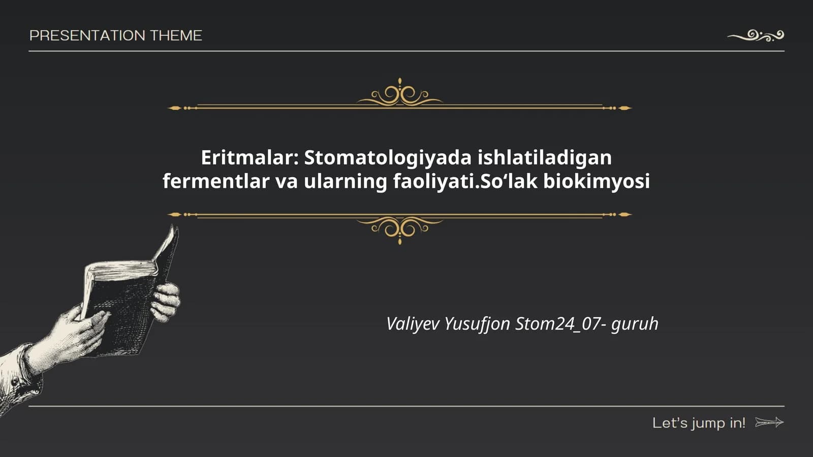 Eritmalar: Stomatologiyada ishlatiladigan fermentlar va ularning faoliyati.Soʻlak biokimyosi