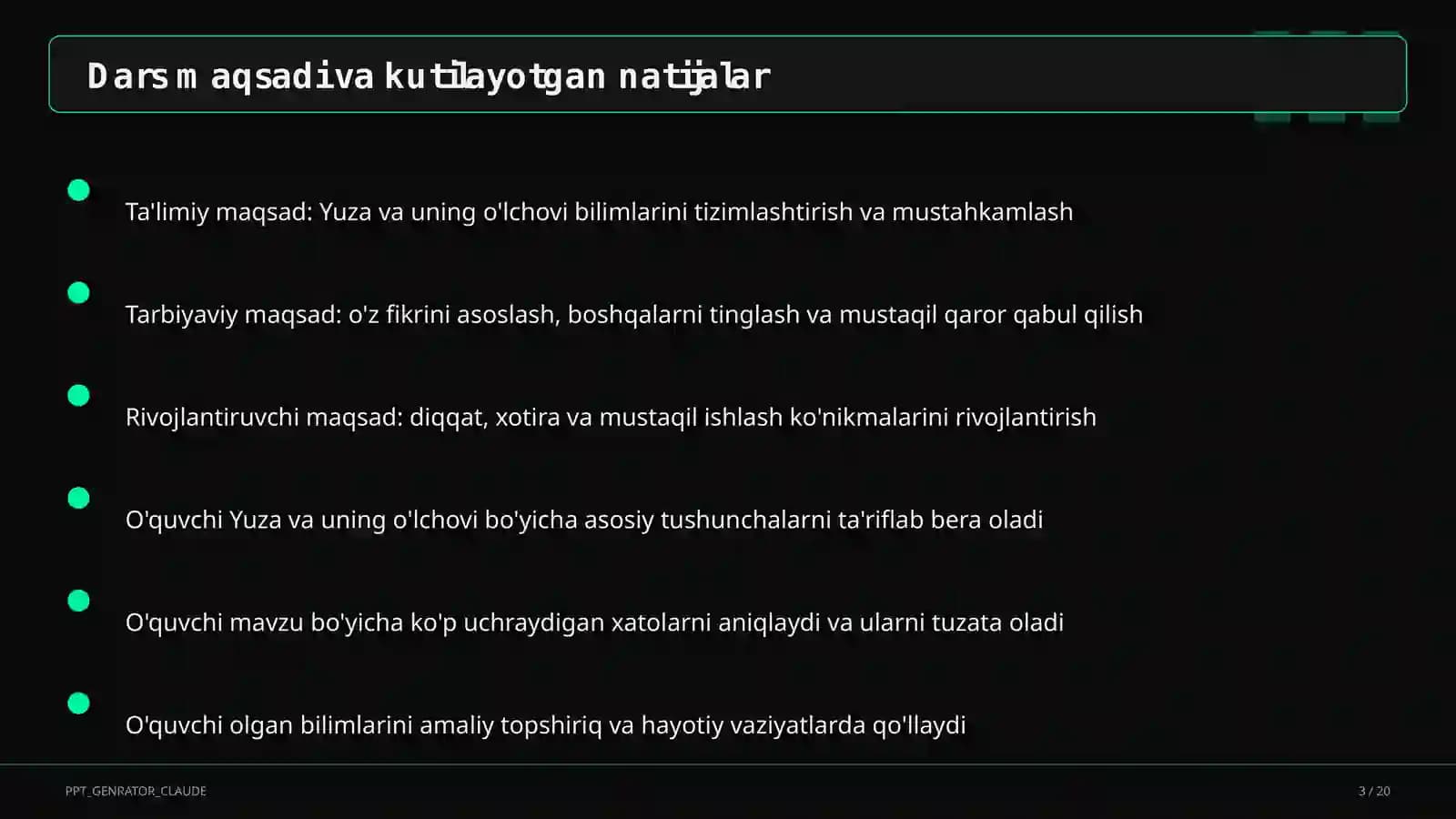 Yuza va uning o'lchovi (3-sinf)