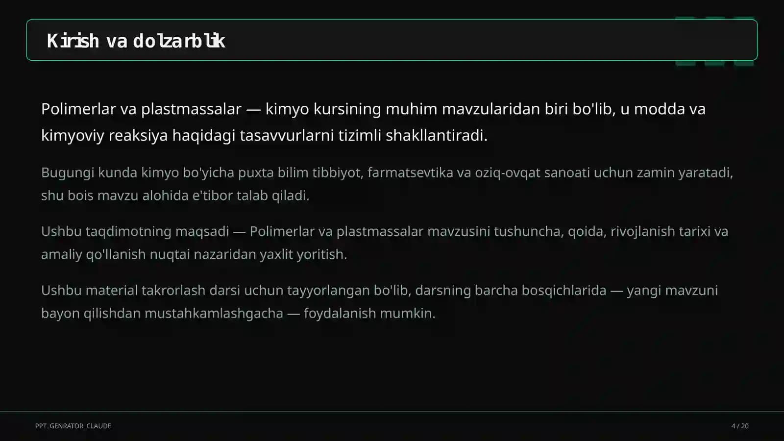 Polimerlar va plastmassalar (11-sinf)