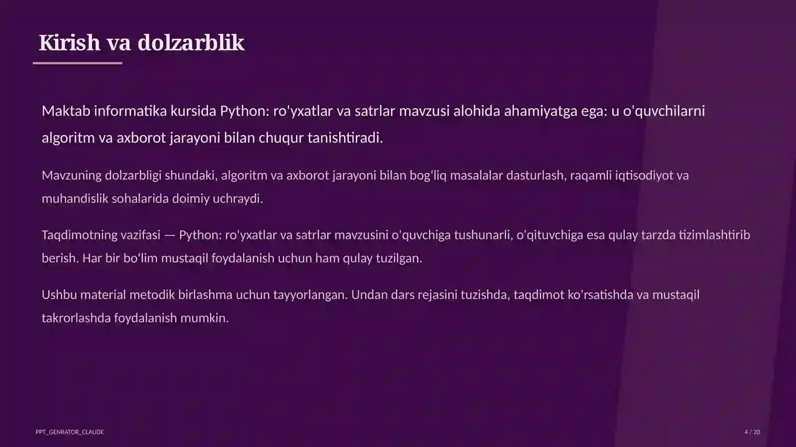 Python: ro'yxatlar va satrlar (9-sinf)